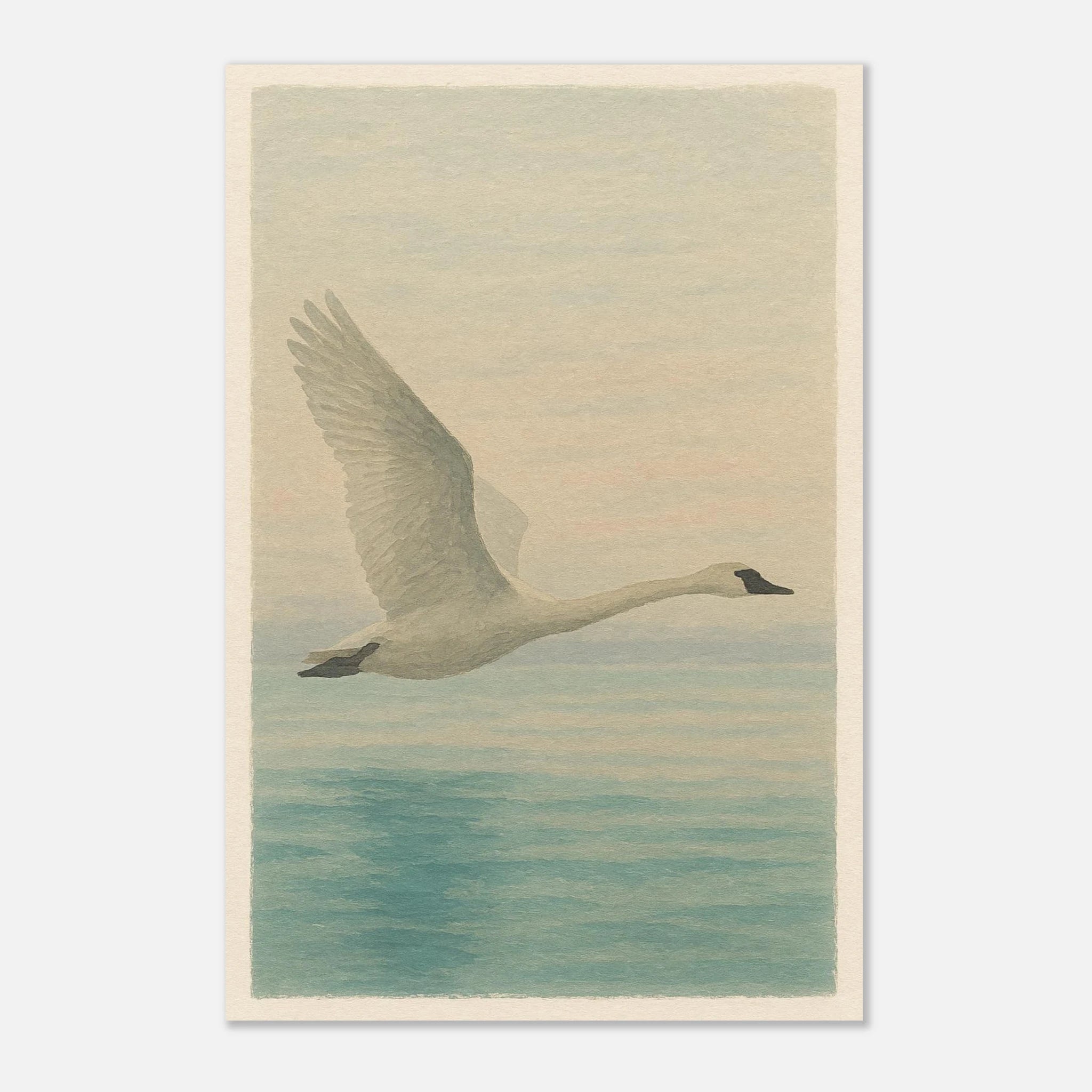 Unframed 60x90 cm 24x36″ - Grace in Flight – Watercolour Swan Over Calm Waters - Play By Print