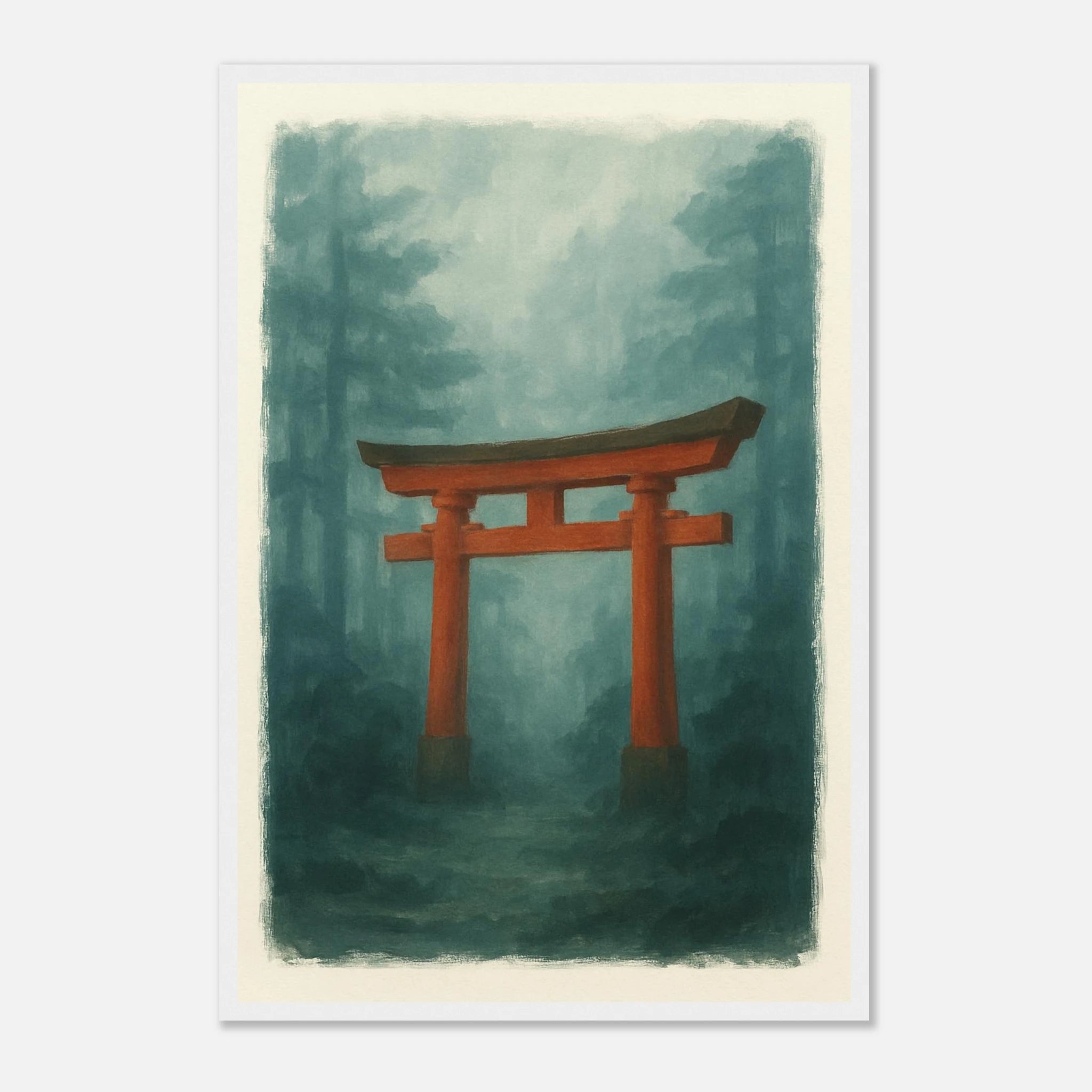 White frame 40x60 cm 16x24″ - Torii Gate in Mist – Gouache Japanese Landscape Art Print - Play By Print