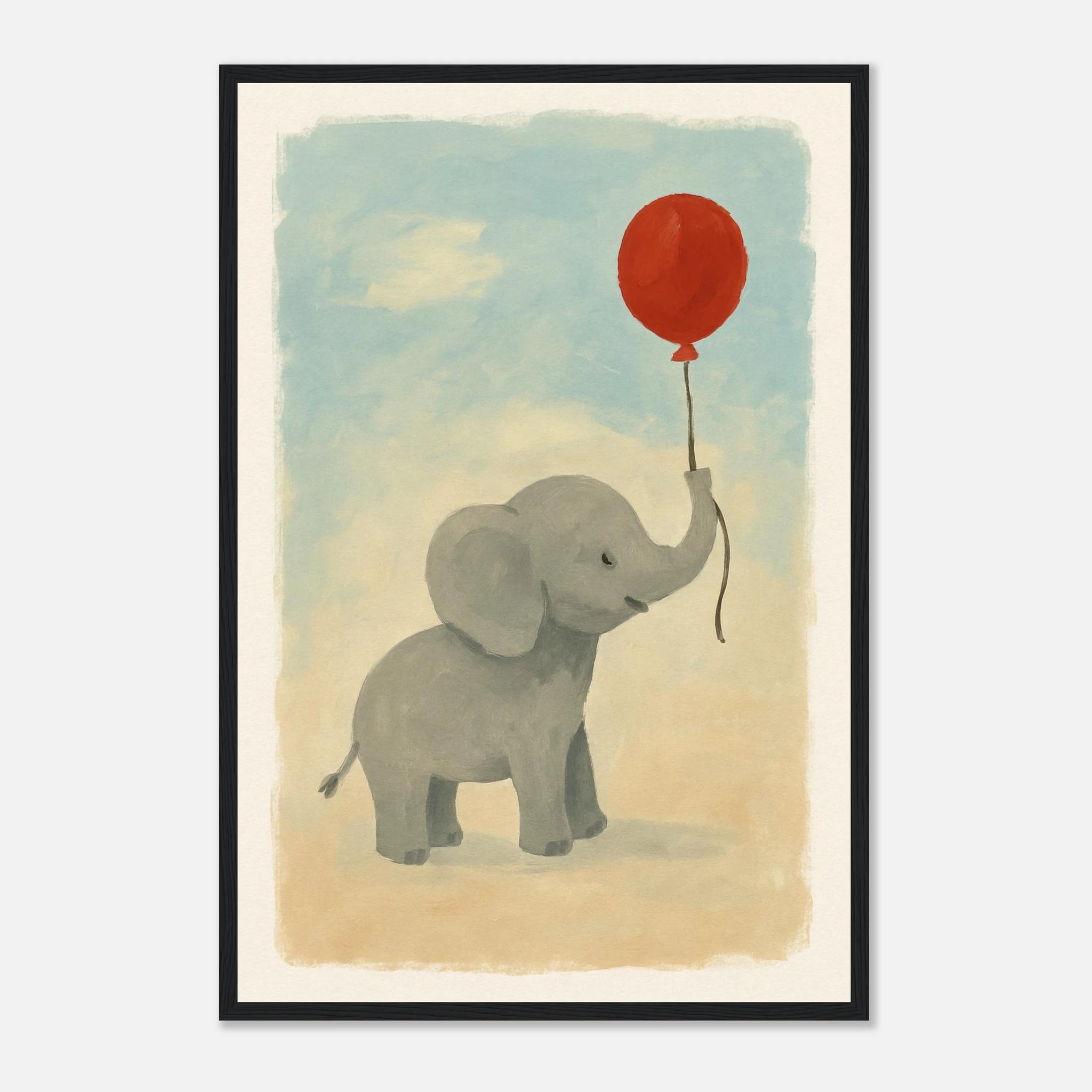 Black frame 40x60 cm 16x24″ - Baby Elephant with Balloon – Gouache Nursery Art Print - Play By Print