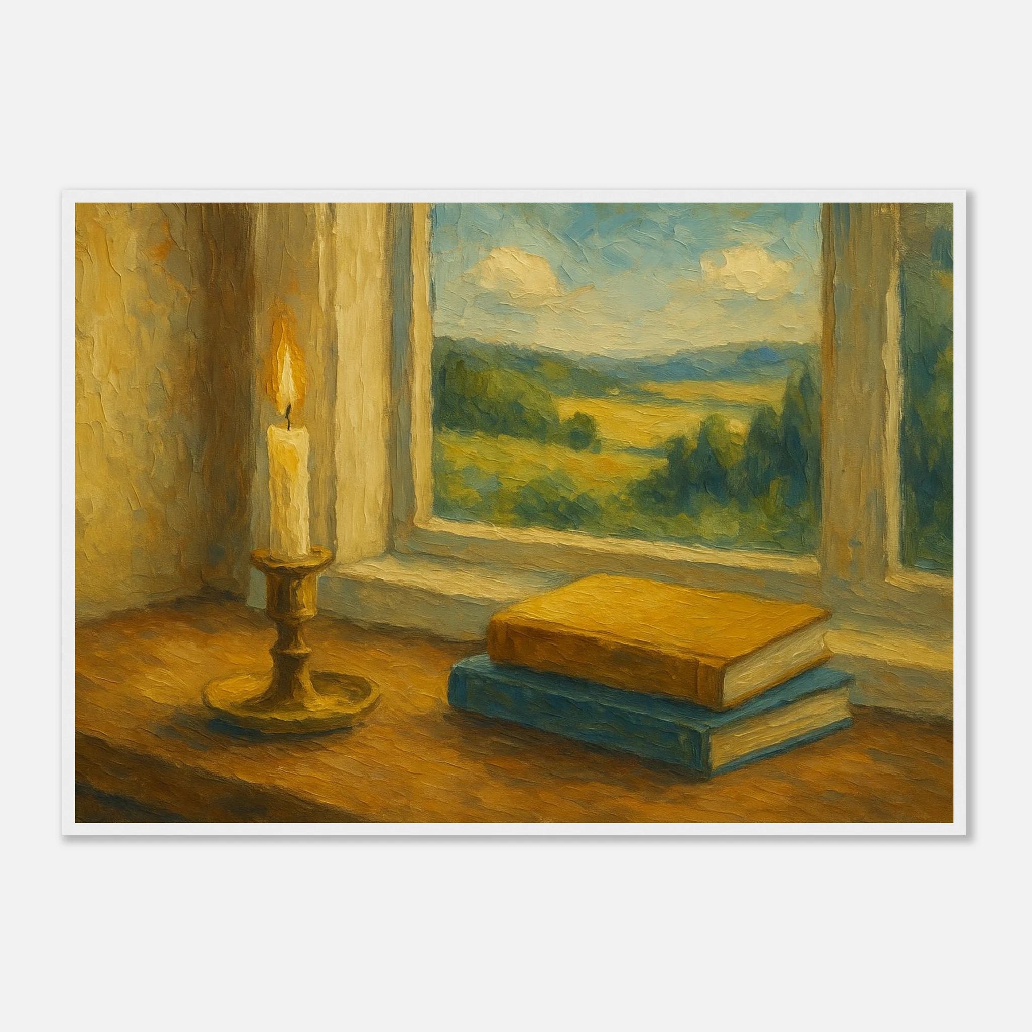 White frame A1 (59.4 x 84.1 cm) - “Golden Light & Quiet Pages” | Candlelit Window Still Life - Play By Print