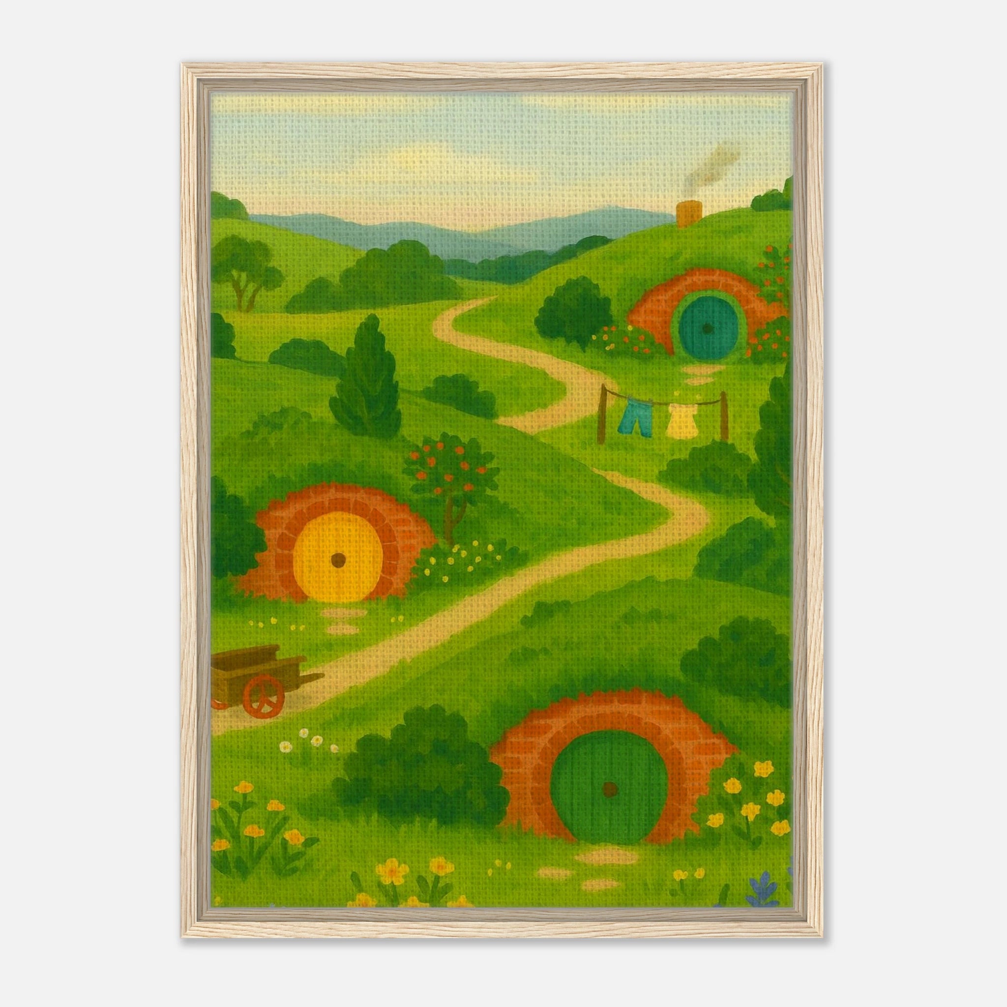Wood frame 50x70 cm 20x28″ - Hillside Hobbiton – New Zealand Hobbit Movie Set Canvas Wall Art - Play By Print
