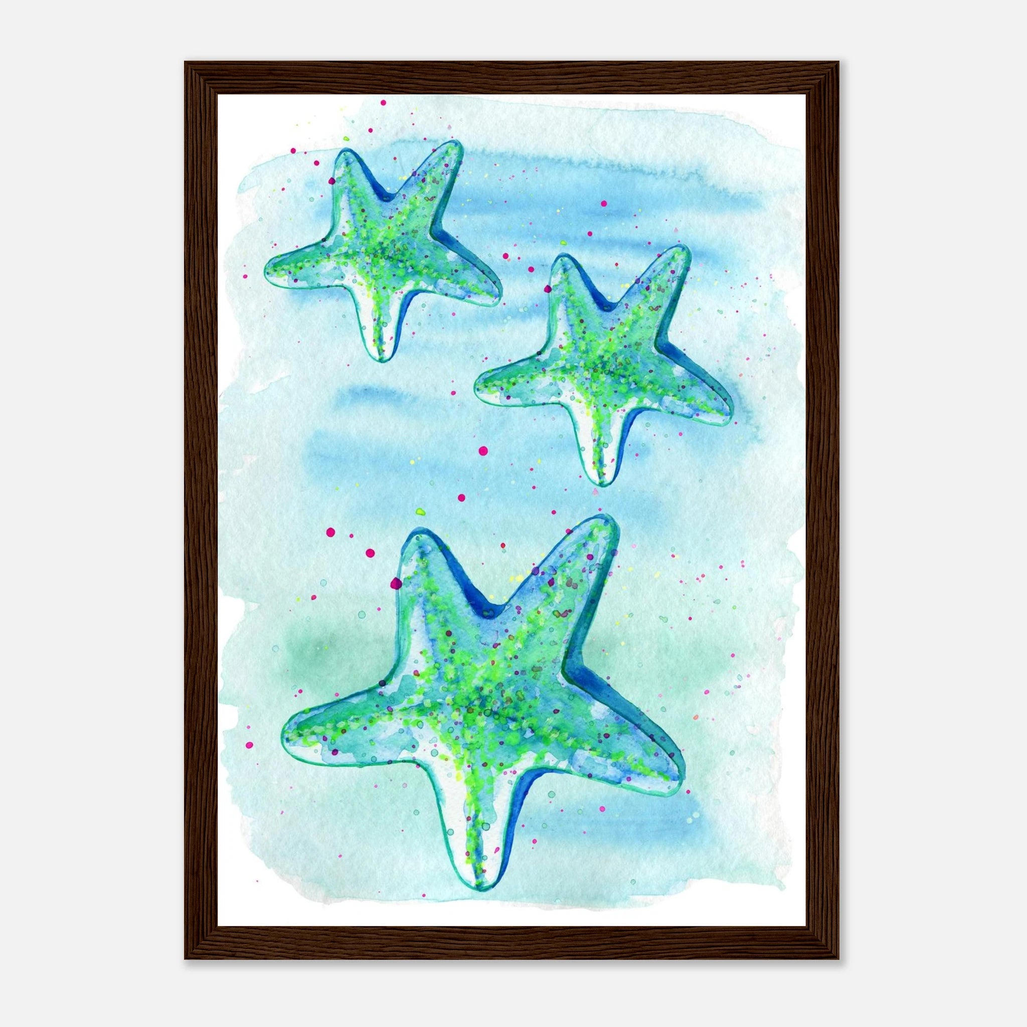 Dark wood frame A4 (21x29.7 cm 8x12") - Tide Treasures – Watercolour Starfish Art Print 🌟🩵 - Play By Print