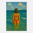 Unframed A3 (29.7 x 42 cm) - Back to the Horizon | Red Bikini Coastal Wall Art - Play By Print