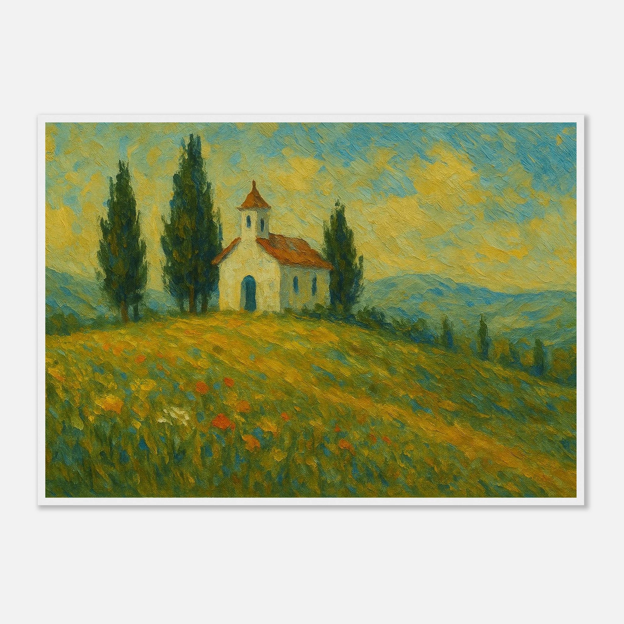 White frame A1 (59.4 x 84.1 cm) - “Chapel on the Hill” | Countryside Church Landscape Print - Play By Print