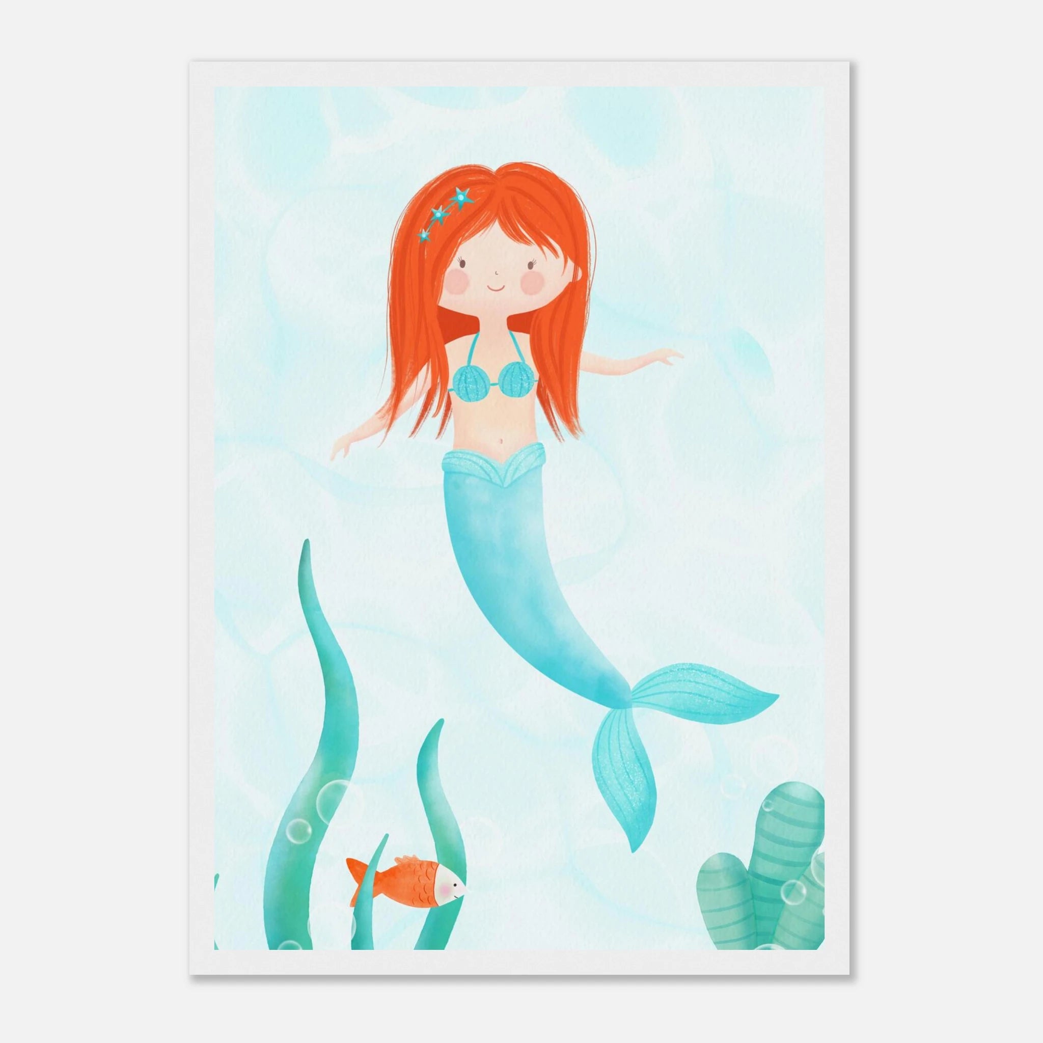 White frame - Redhead Mermaid Wall Art | Watercolour Ocean Nursery Print for Girls - Iris