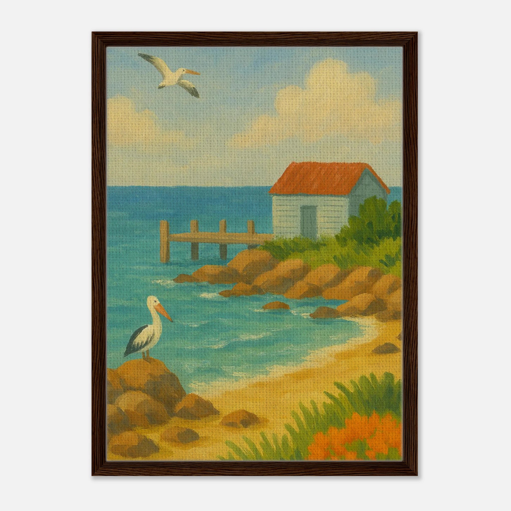 Dark wood frame 50x70 cm 20x28″ - Seaside Jetty – Coastal Pelican Canvas Wall Art - Play By Print