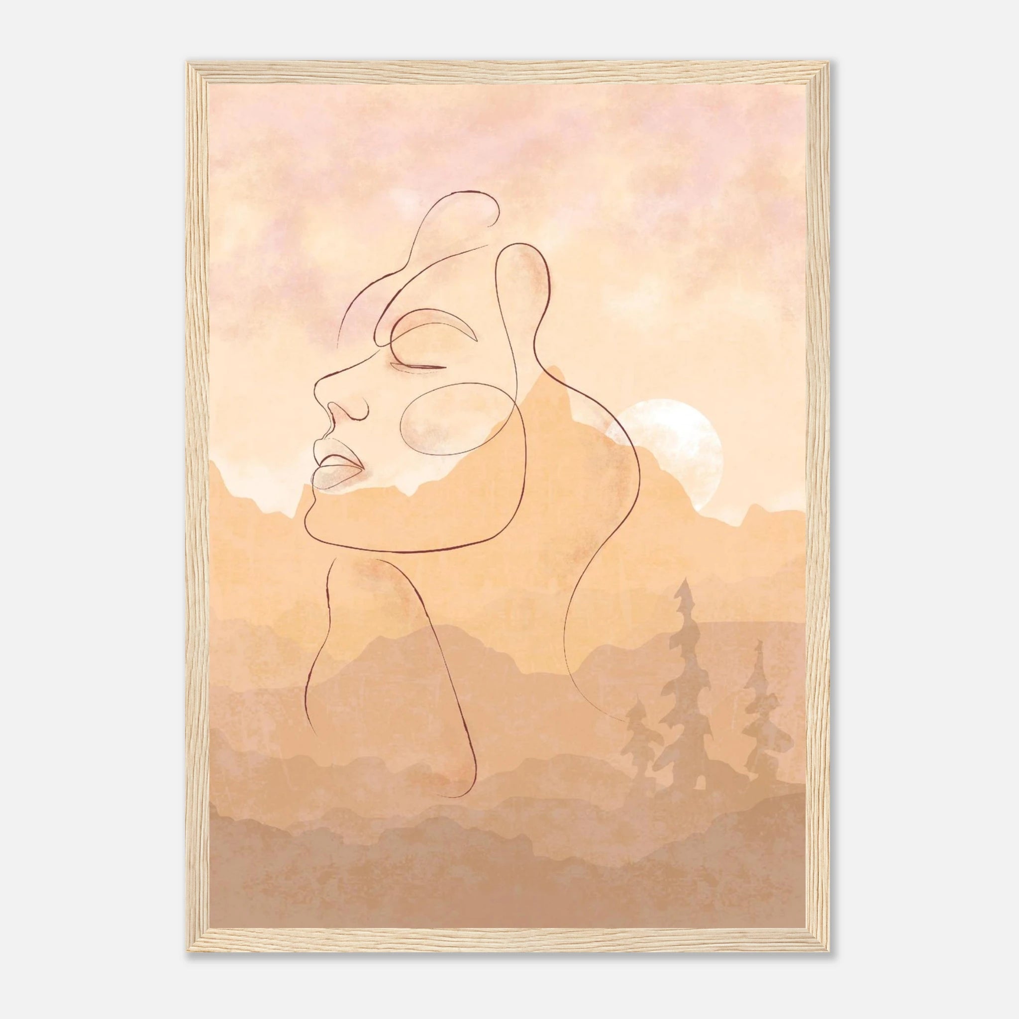 Wood frame - Sunset Muse – Minimal Line Art Portrait with Blush Mountain Landscape - Daisy