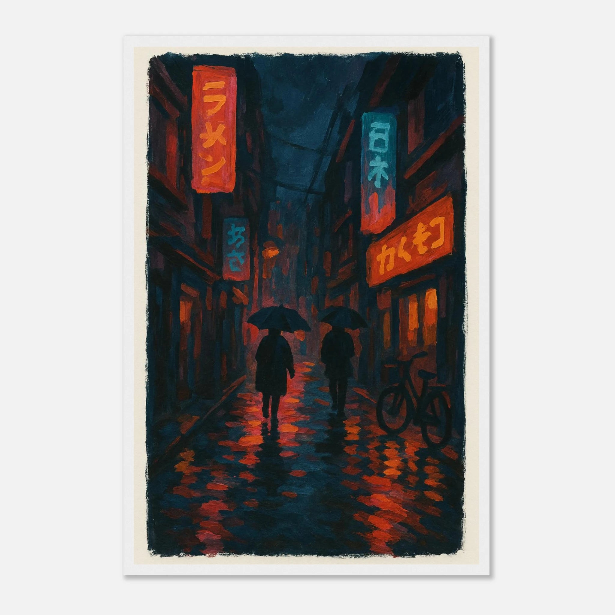 White frame 40x60 cm 16x24″ - City Shadows – Rainy Night in Tokyo Neon Alley Print - Play By Print