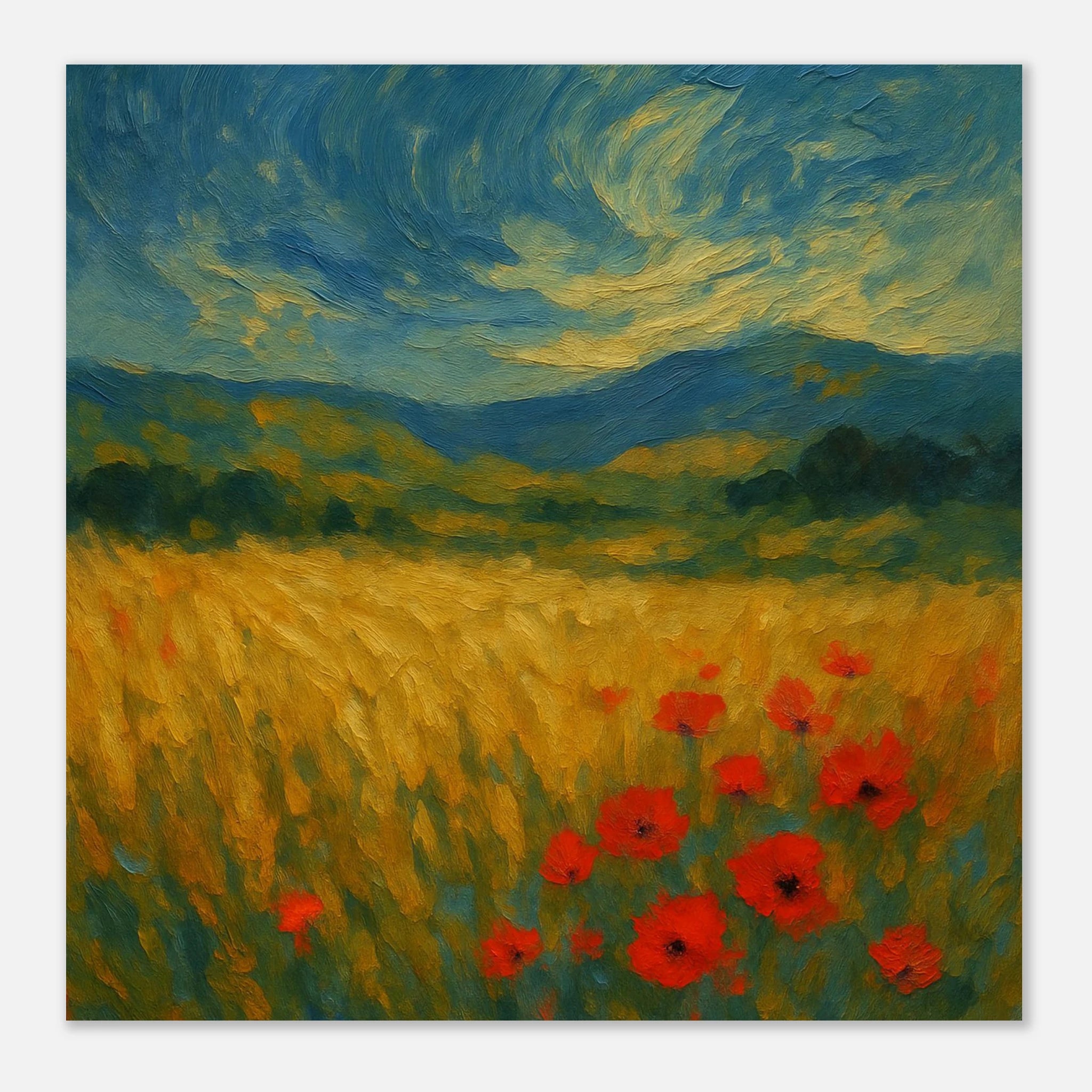 Unframed 30x30 cm 12x12″ - “Whispers in the Wheat” | Dreamy Poppy Field Landscape - Play By Print