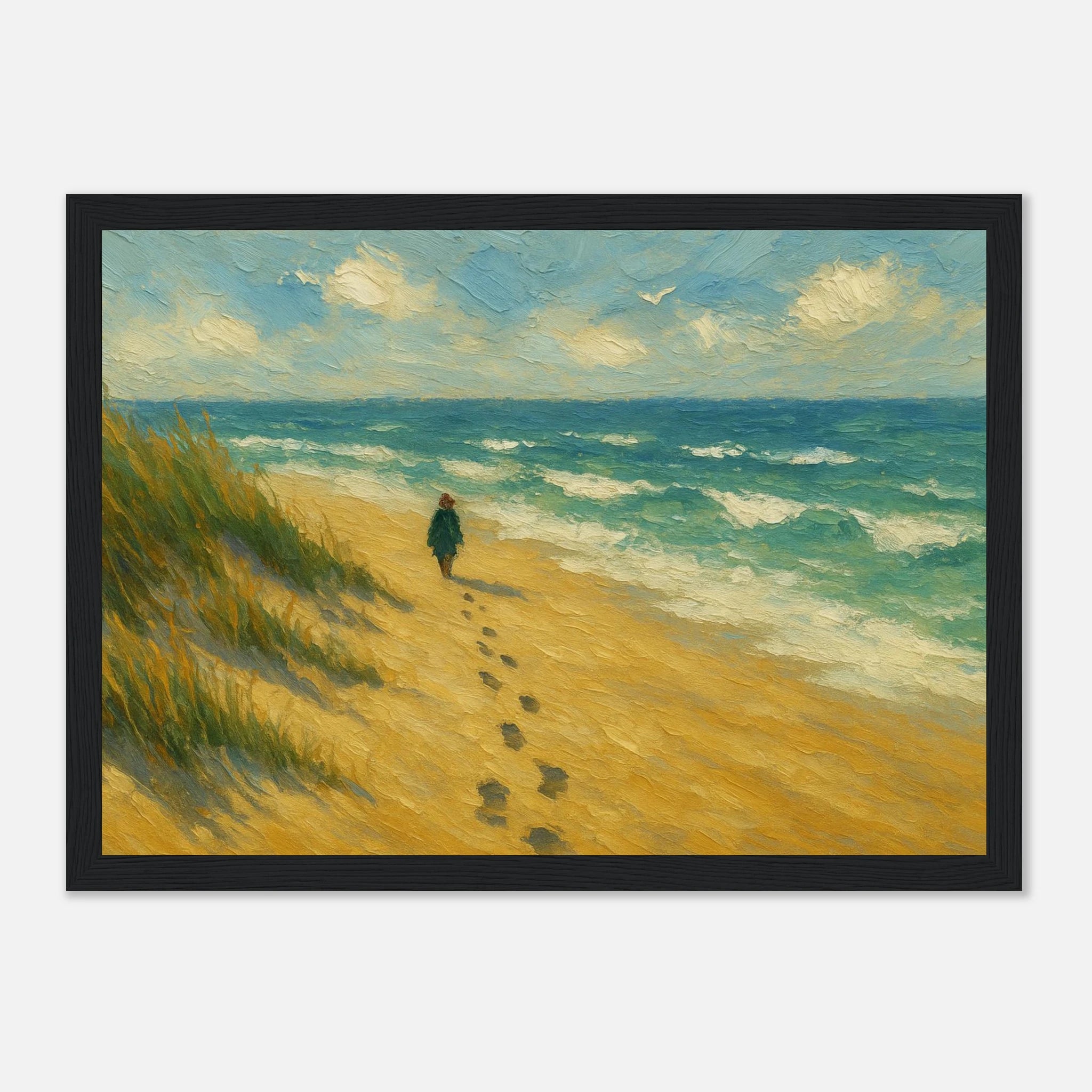 Black frame 21x29.7 cm 8x12" - “Coastal Solitude” | Peaceful Beach Walk - Play By Print