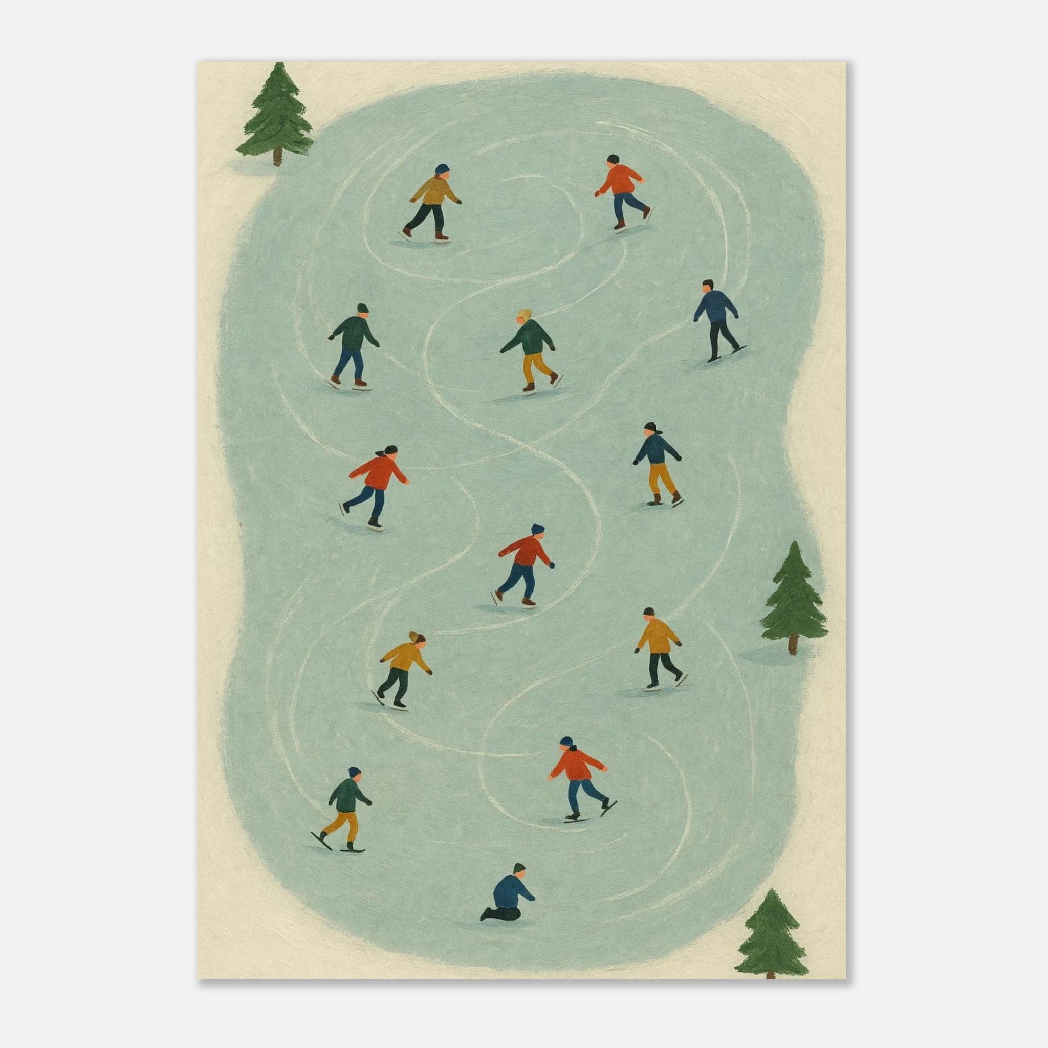 Unframed 21x29.7 cm 8x12" - Winter Ice Skating Print | Whimsical Folk Art Style - Play By Print