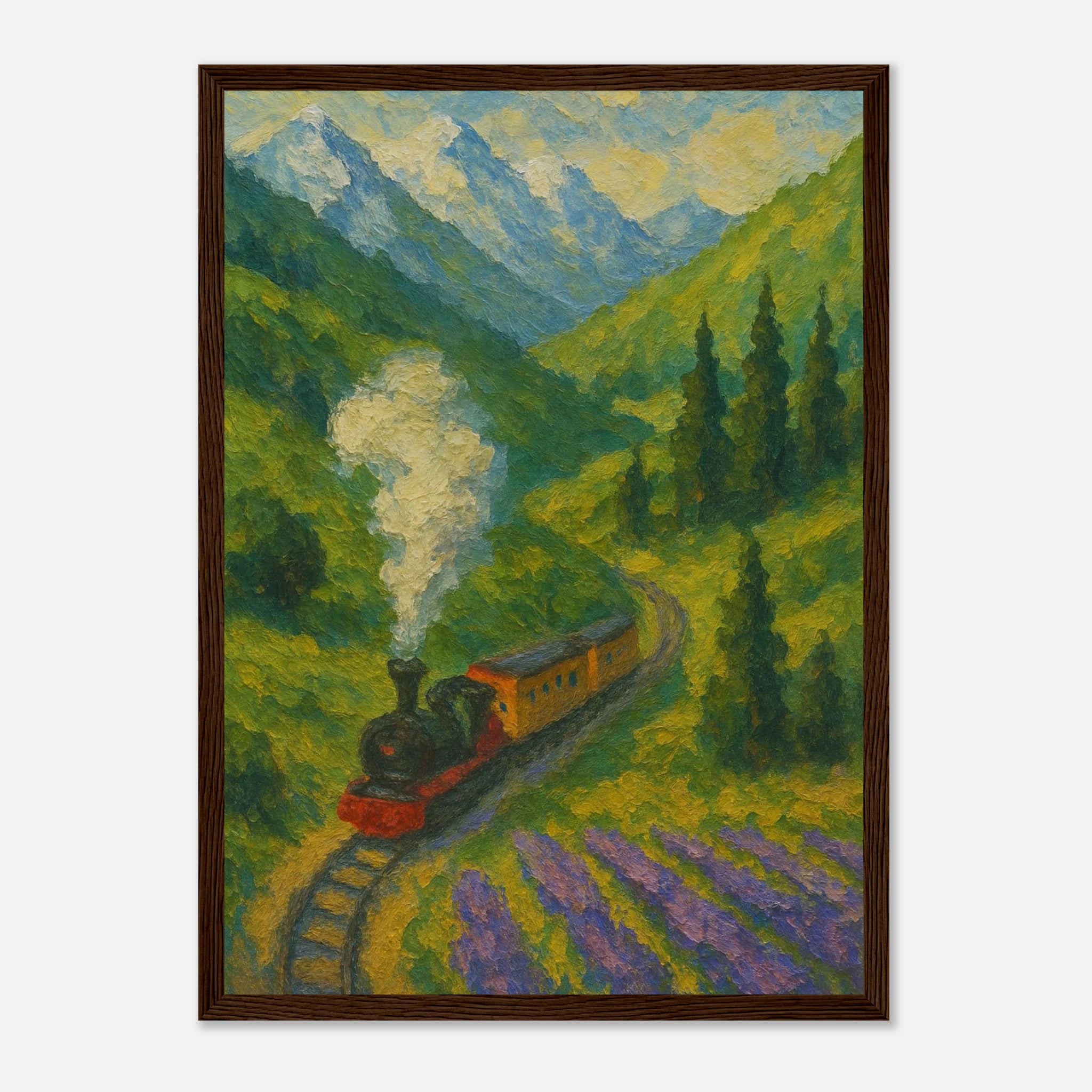 Dark wood frame A3 (29.7 x 42 cm) - Mountain Steam Train Wall Art | Textured Painterly Travel - Play By Print