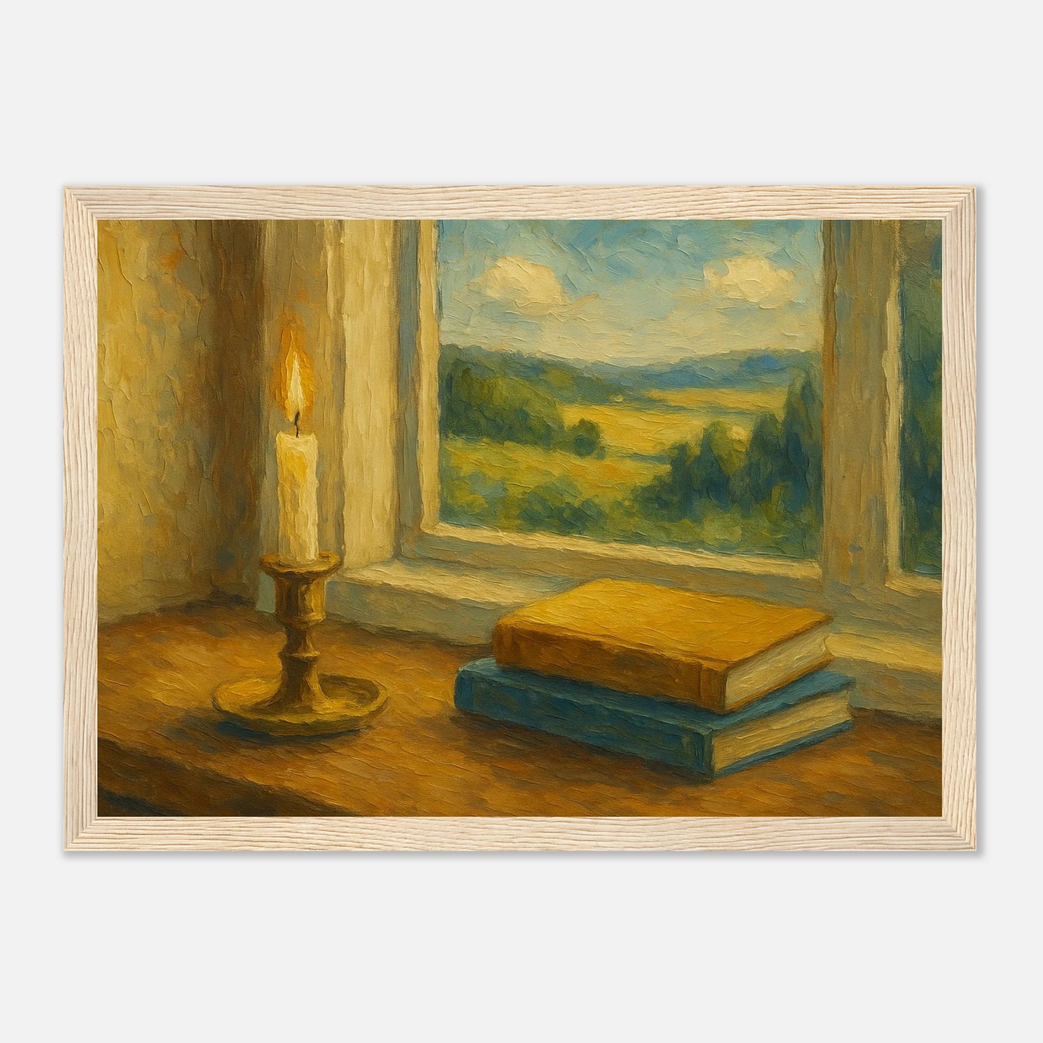 Wood frame 21x29.7 cm 8x12" - “Golden Light & Quiet Pages” | Candlelit Window Still Life - Play By Print