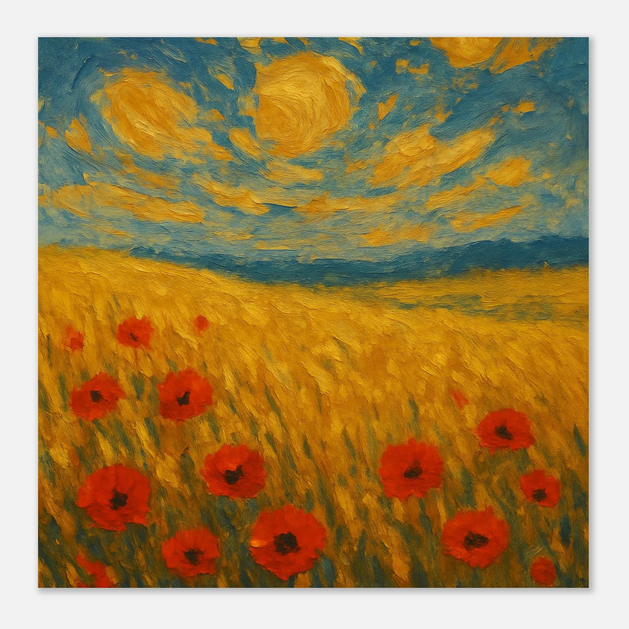 Unframed 40x40 cm 16x16″ - “Sun-Spun Fields” | Golden Wheat & Poppy Field Art Print - Play By Print