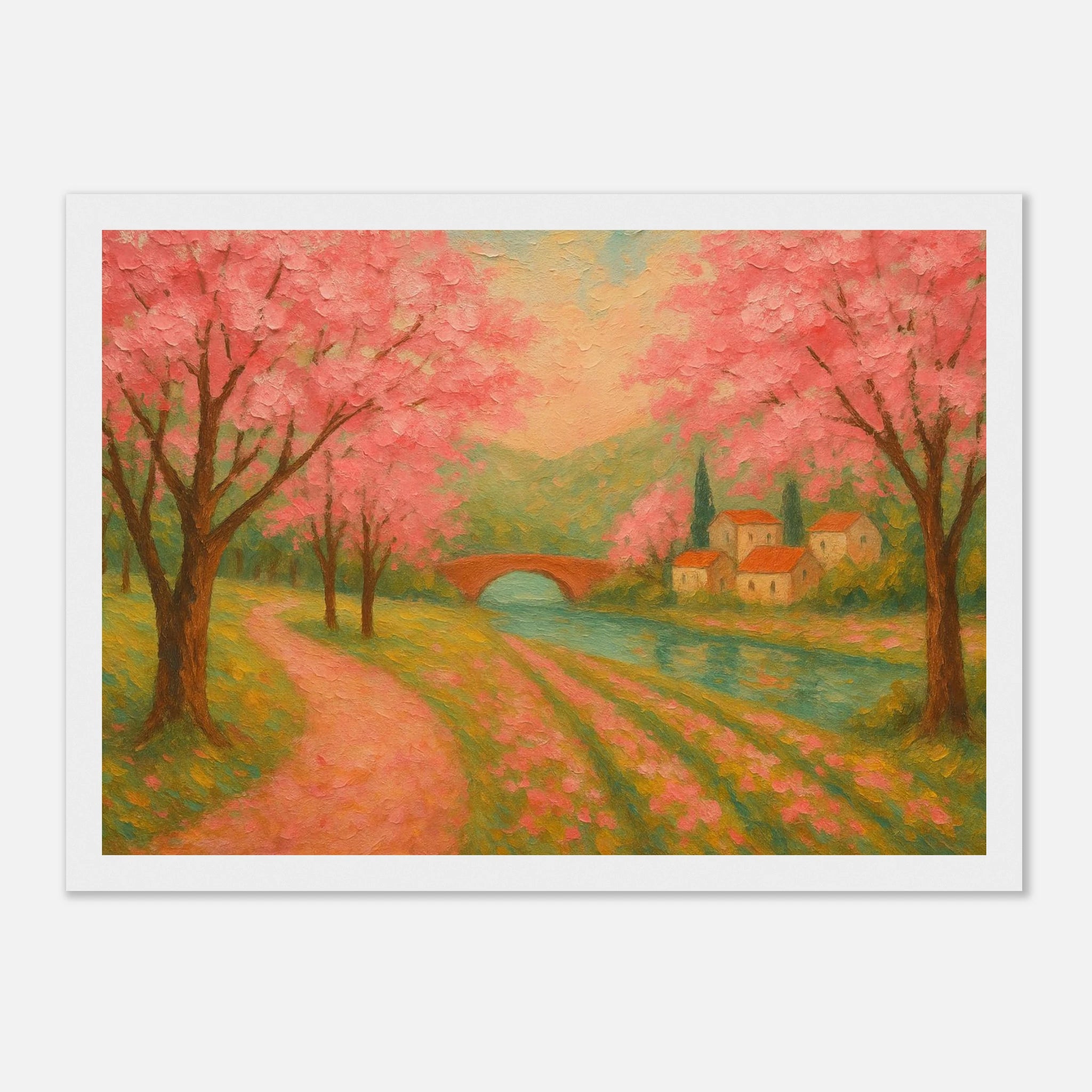 White frame 21x29.7 cm 8x12" - Spring Cherry Blossom Lane – Pink Blossoms by the River Art Print - Play By Print