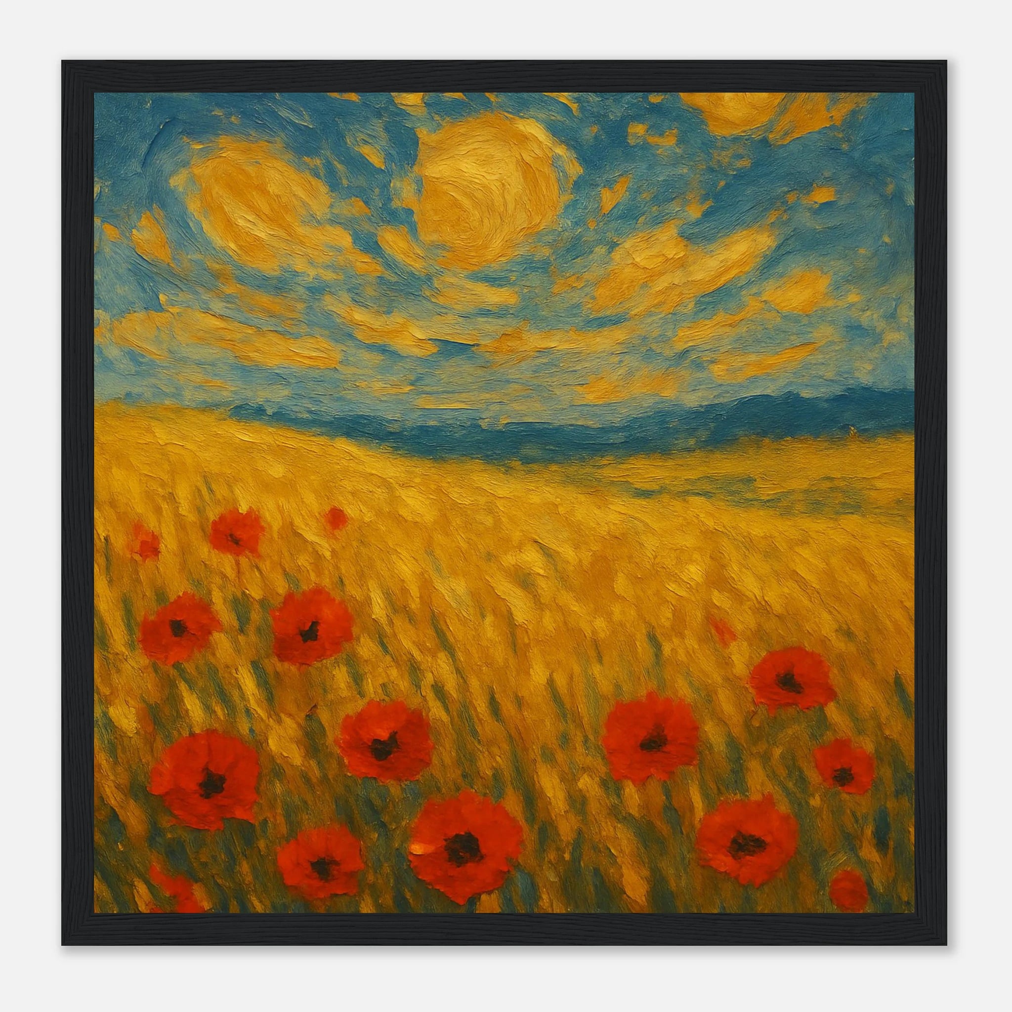 Black frame 30x30 cm 12x12″ - “Sun-Spun Fields” | Golden Wheat & Poppy Field Art Print - Play By Print