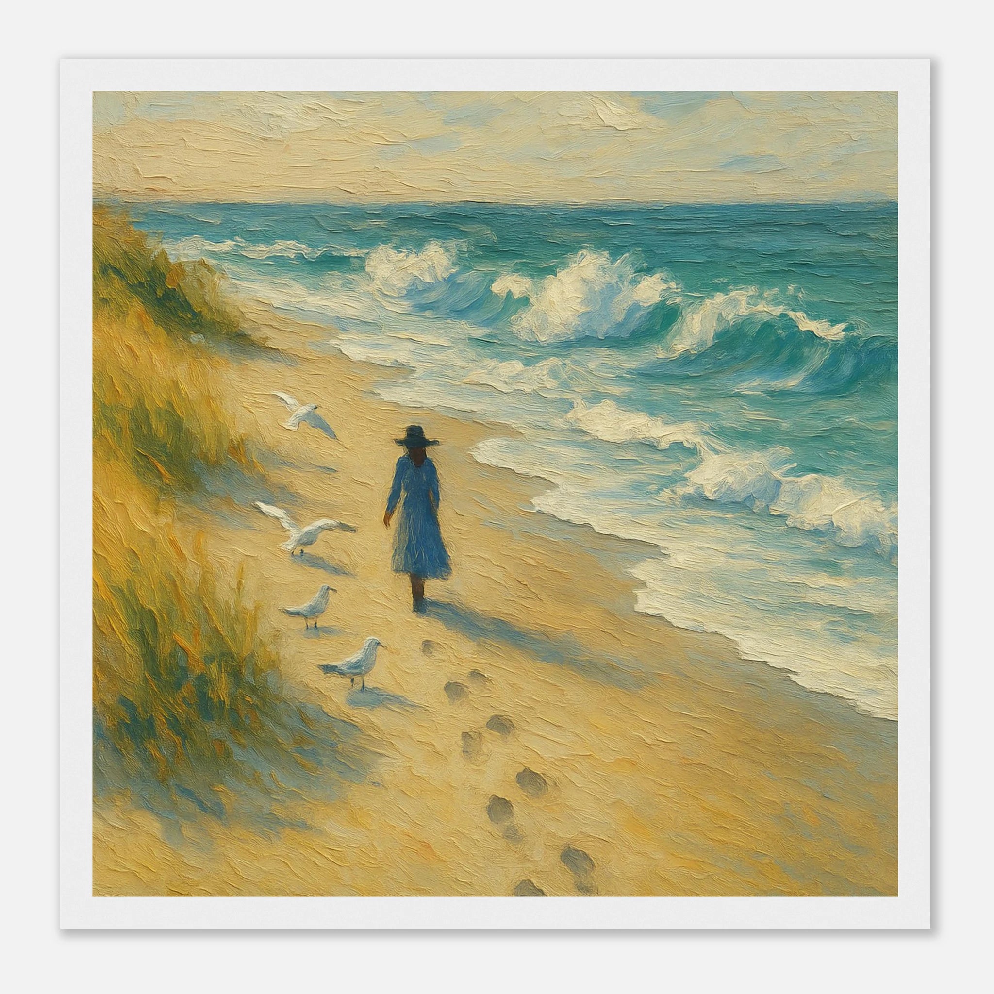 White frame 30x30 cm 12x12″ - “Soft Steps by the Sea” | Serene Coastal Art Print - Play By Print