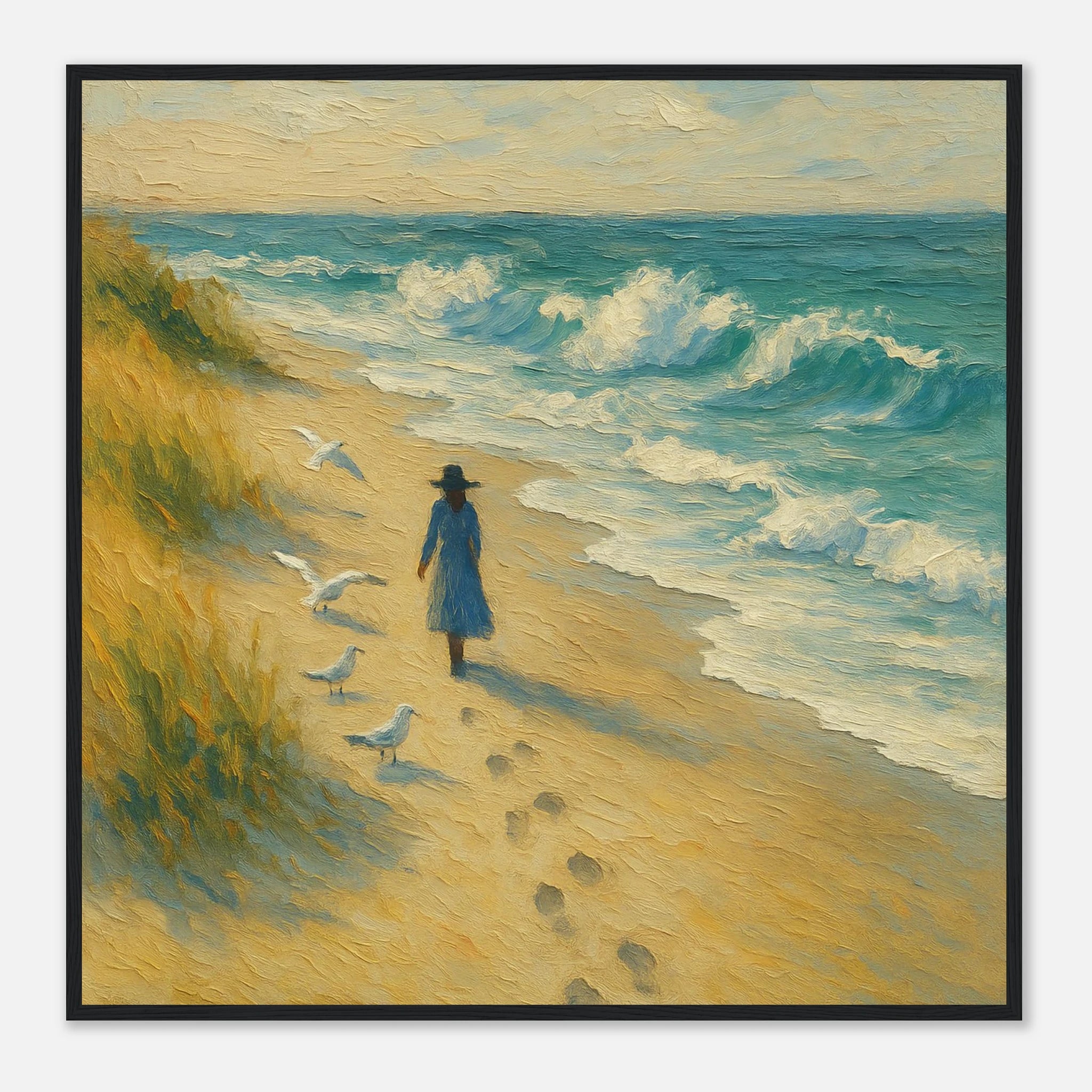 Black frame 70x70 cm 28x28″ - “Soft Steps by the Sea” | Serene Coastal Art Print - Play By Print