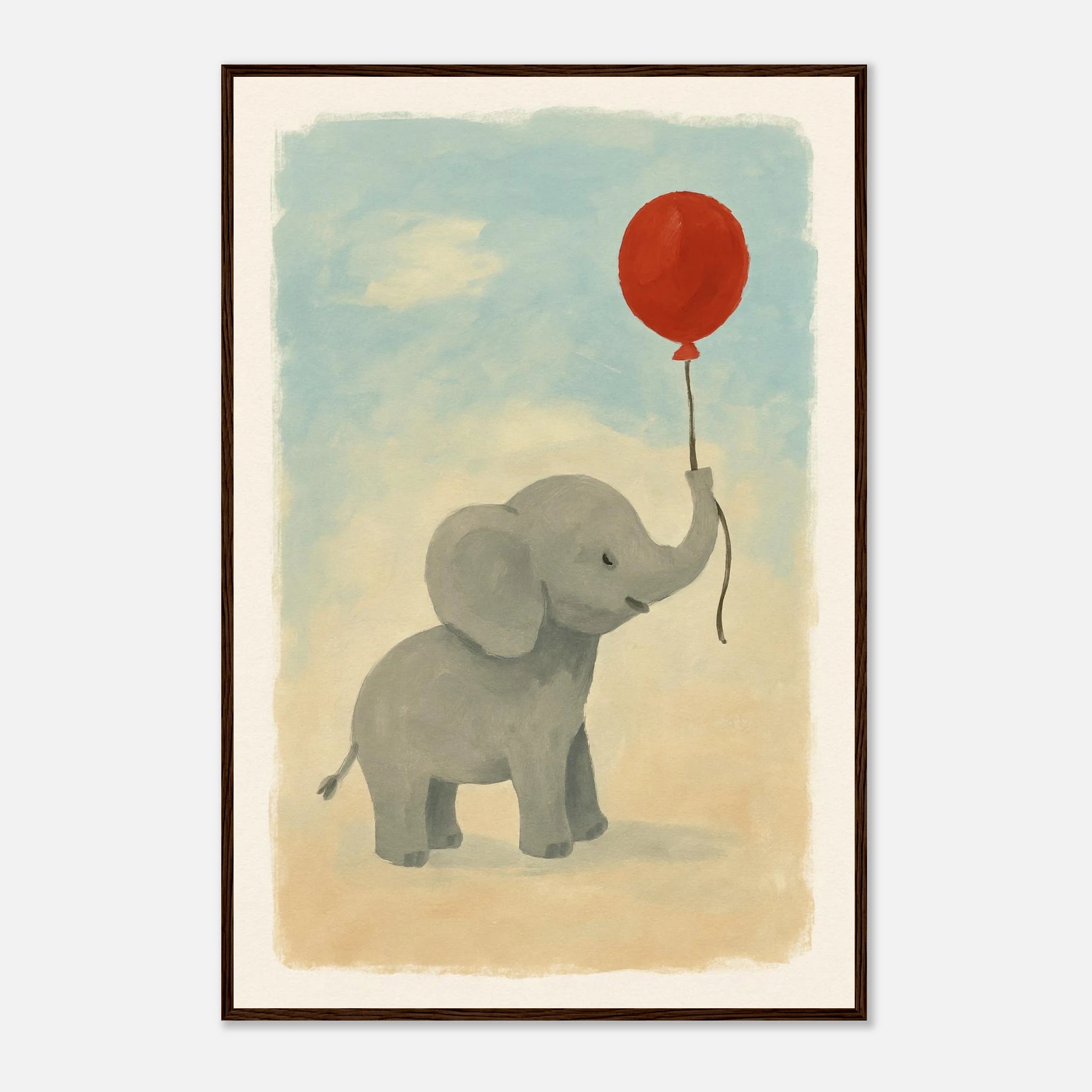 Dark wood frame 60x90 cm 24x36″ - Baby Elephant with Balloon – Gouache Nursery Art Print - Play By Print