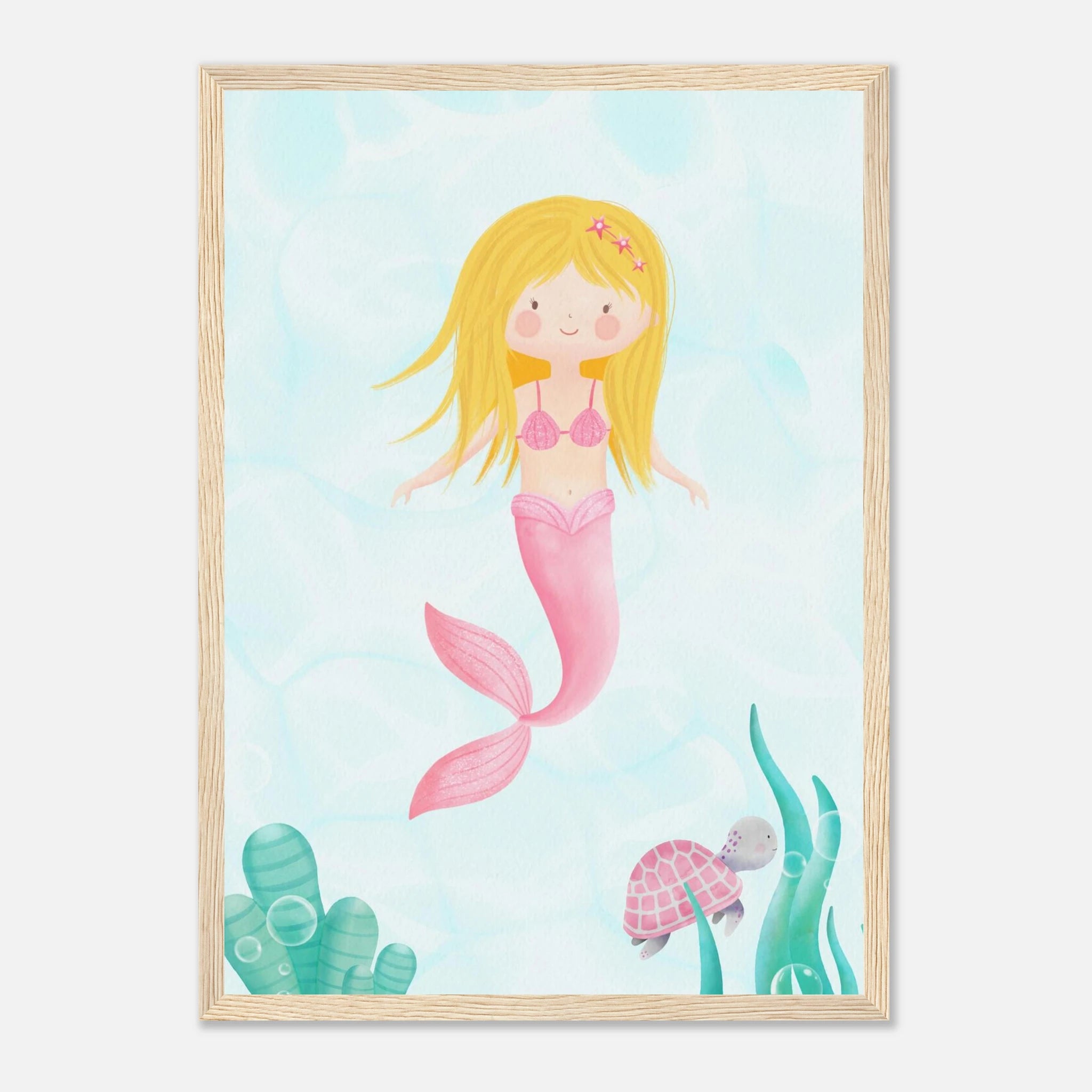 Wood frame - Blonde Mermaid Wall Art | Watercolour Ocean Nursery Print for Girls - Iris