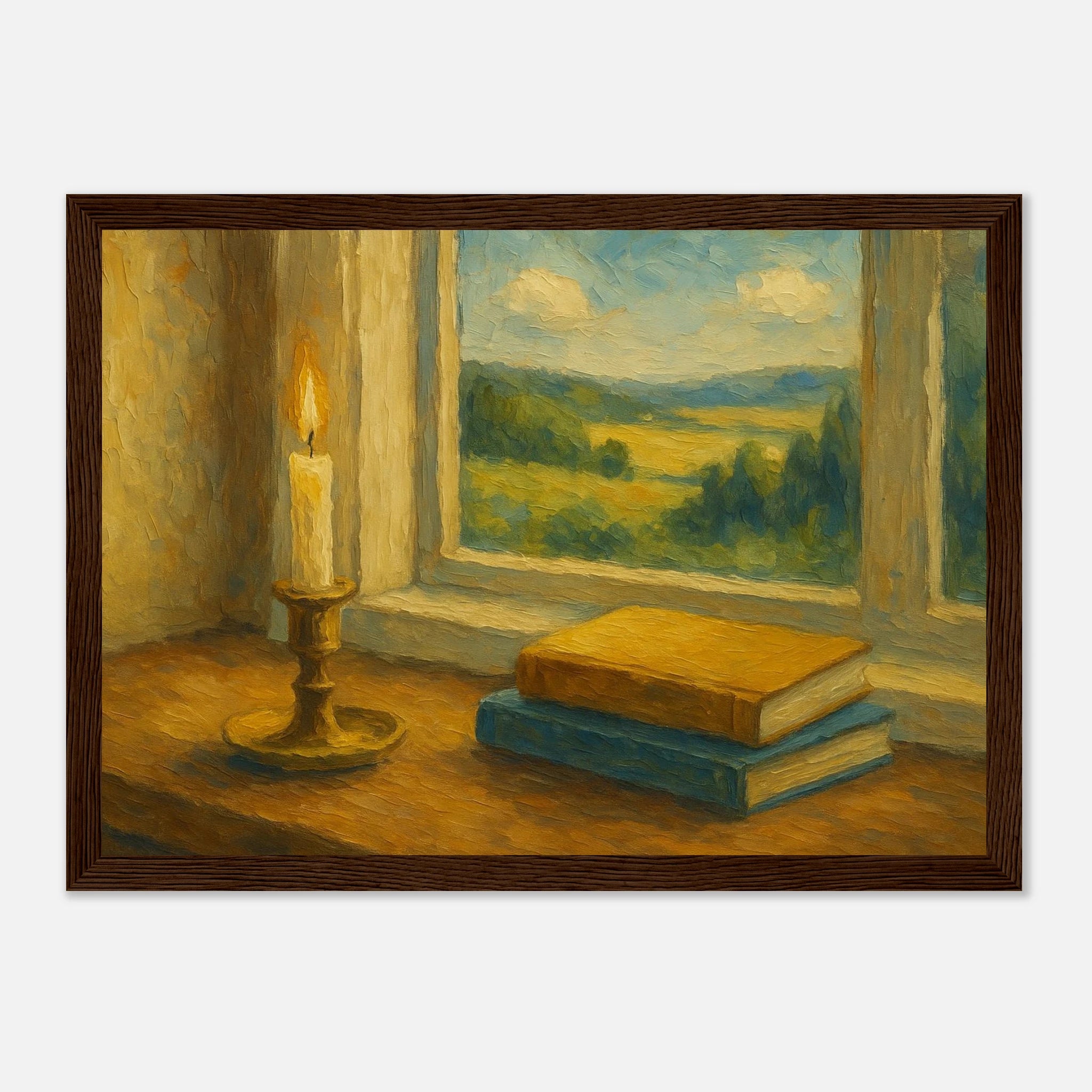Dark wood frame 21x29.7 cm 8x12" - “Golden Light & Quiet Pages” | Candlelit Window Still Life - Play By Print