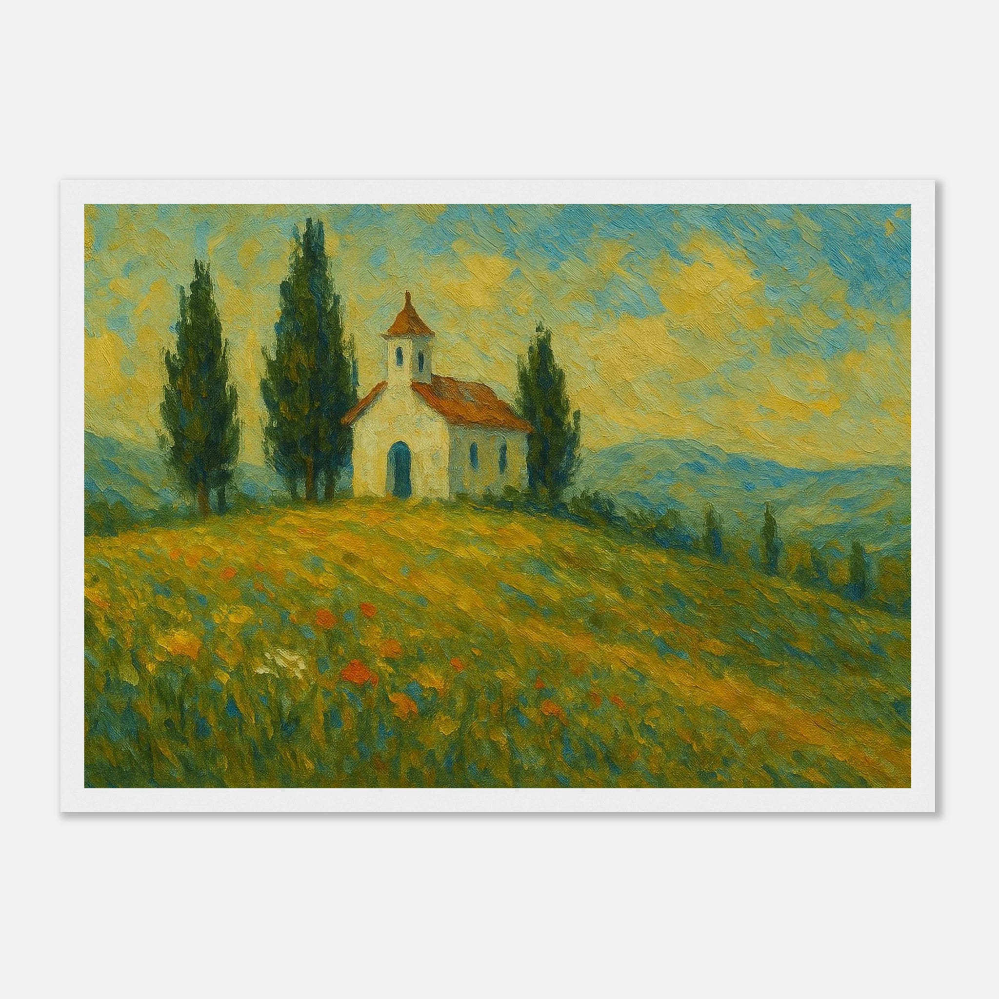 White frame A3 (29.7 x 42 cm) - “Chapel on the Hill” | Countryside Church Landscape Print - Play By Print