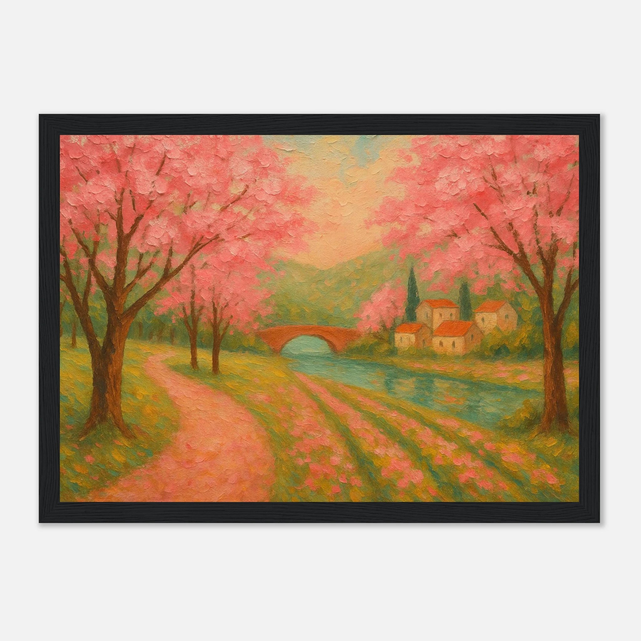 Black frame 21x29.7 cm 8x12" - Spring Cherry Blossom Lane – Pink Blossoms by the River Art Print - Play By Print