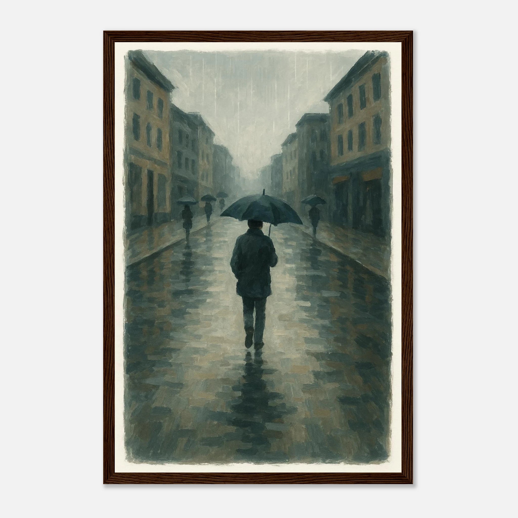 Dark wood frame 30x45 cm 12x18″ - Rainy City Walk – Gouache-Style Art Print - Play By Print