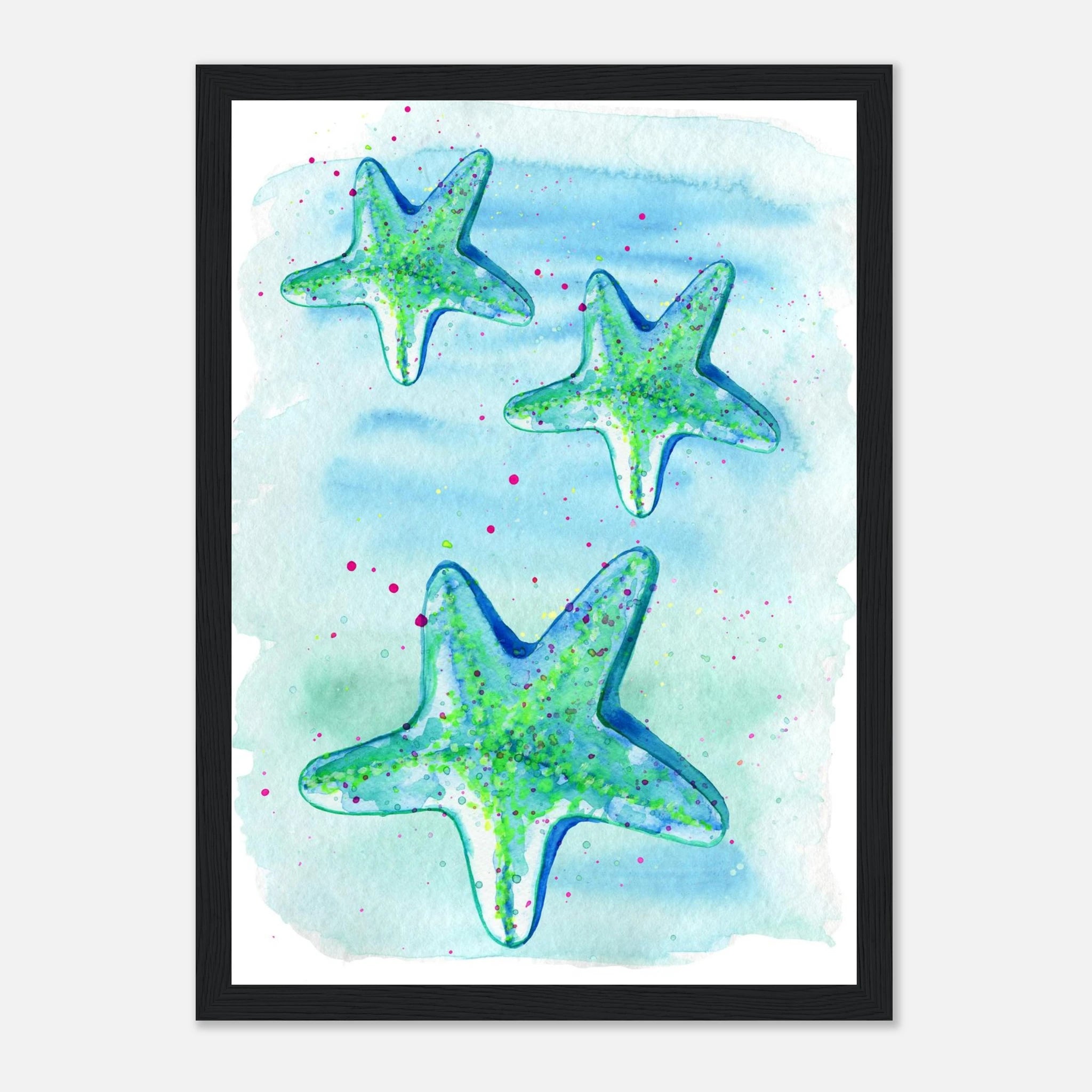 Black frame A4 (21x29.7 cm 8x12") - Tide Treasures – Watercolour Starfish Art Print 🌟🩵 - Play By Print