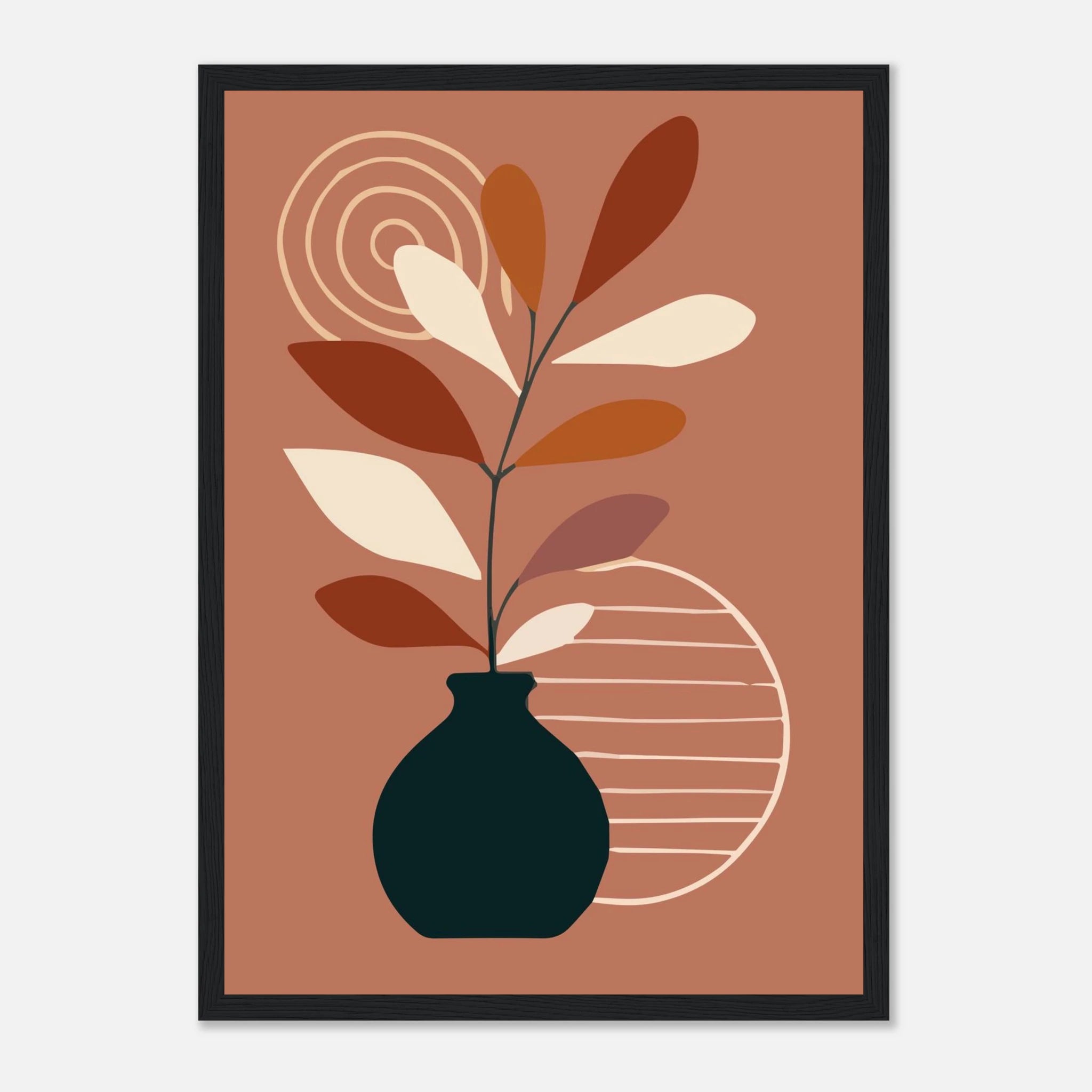 Black frame - Terracotta Vase & Leaf Modern Abstract Wall Art - Jerin