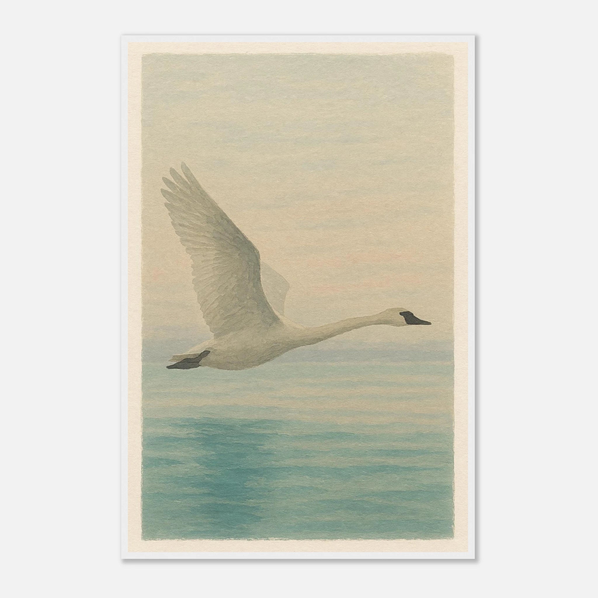 White frame 60x90 cm 24x36″ - Grace in Flight – Watercolour Swan Over Calm Waters - Play By Print