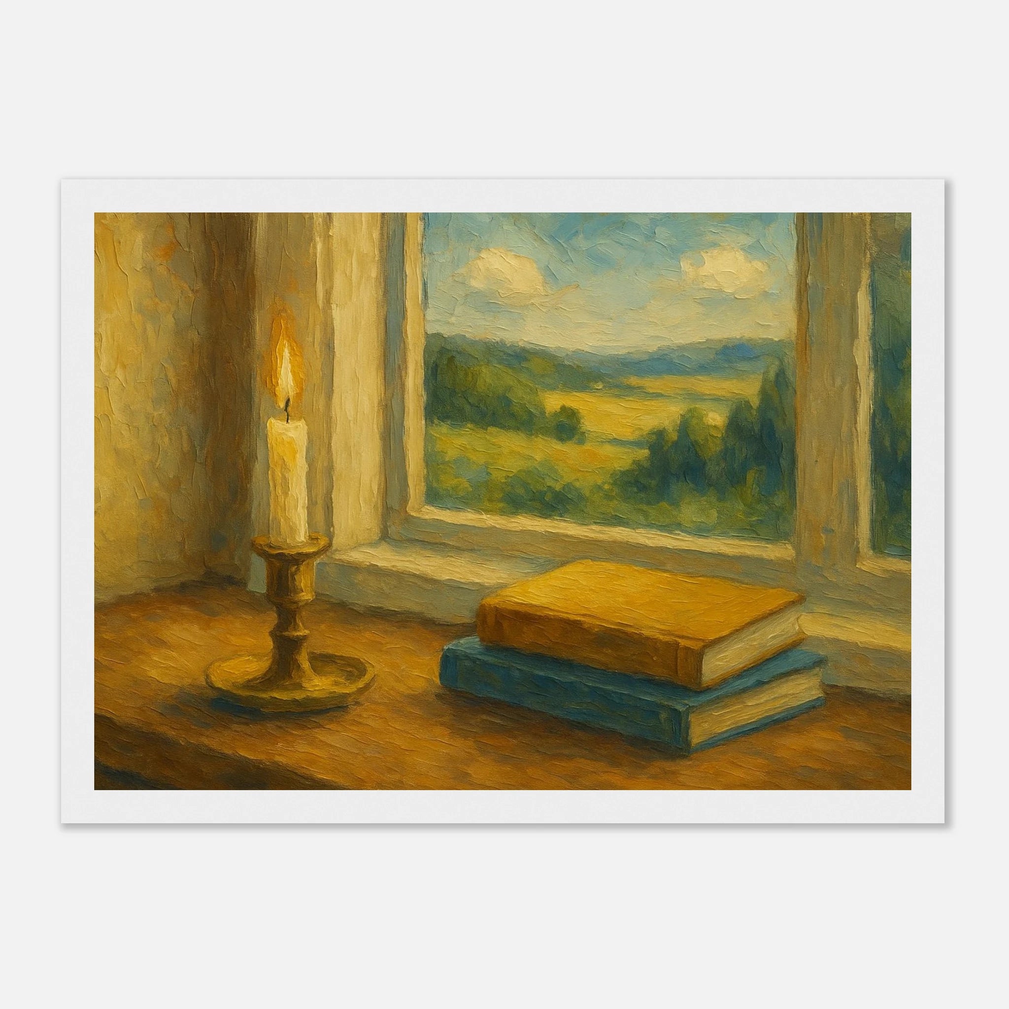 White frame 21x29.7 cm 8x12" - “Golden Light & Quiet Pages” | Candlelit Window Still Life - Play By Print