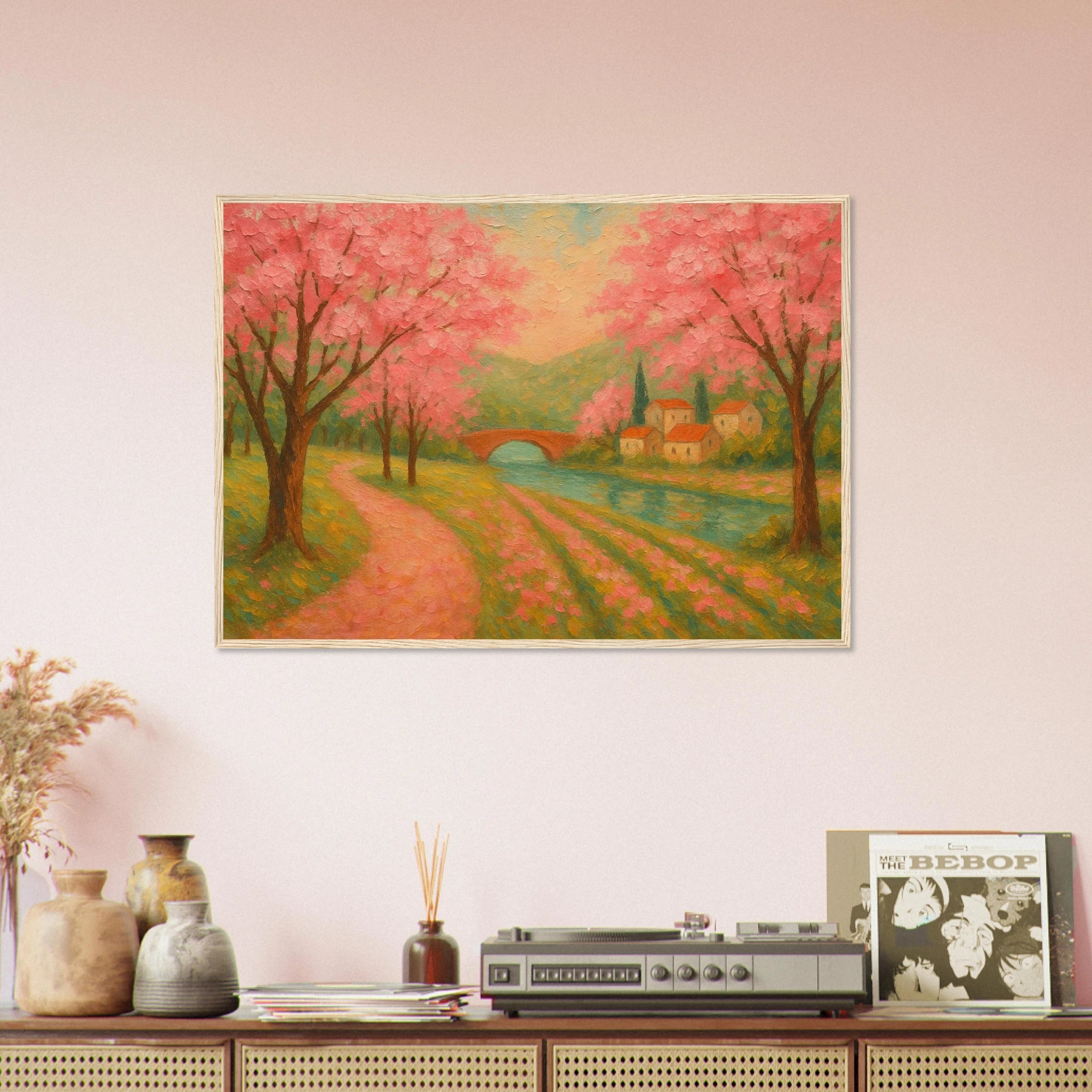 # all-groups - Spring Cherry Blossom Lane – Pink Blossoms by the River Art Print - Play By Print