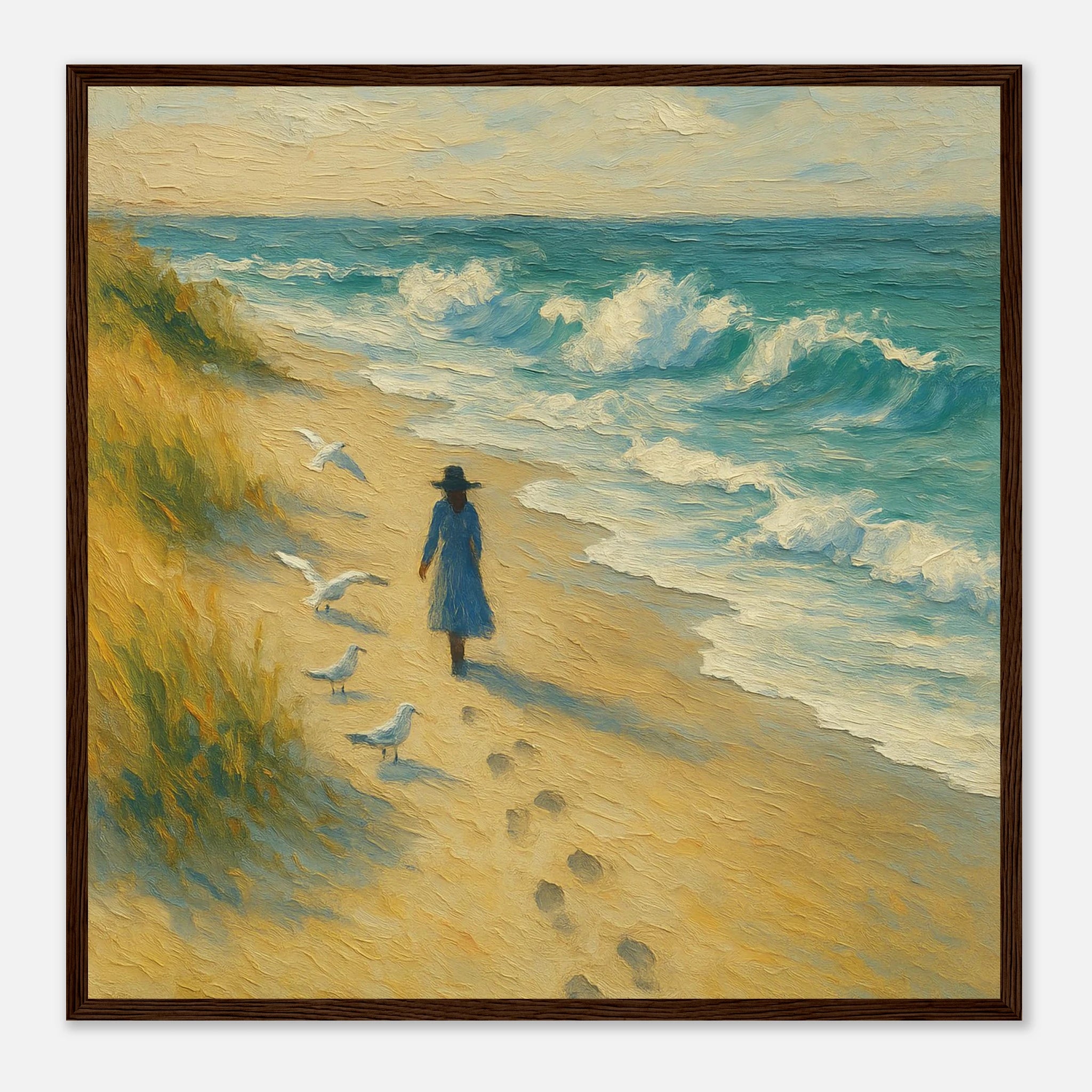 Dark wood frame 50x50 cm 20x20″ - “Soft Steps by the Sea” | Serene Coastal Art Print - Play By Print