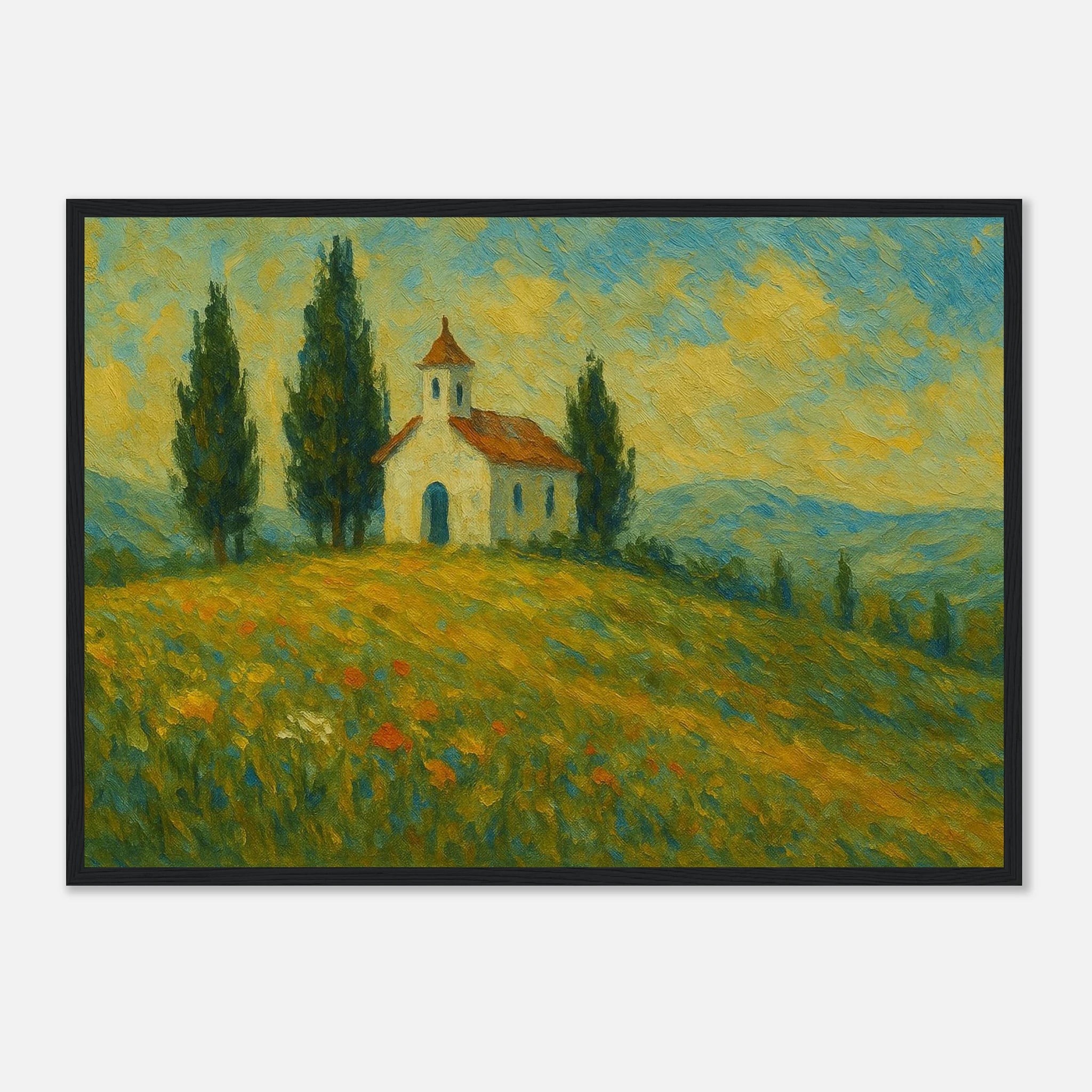Black frame A2 (42 x 59.4 cm) - “Chapel on the Hill” | Countryside Church Landscape Print - Play By Print