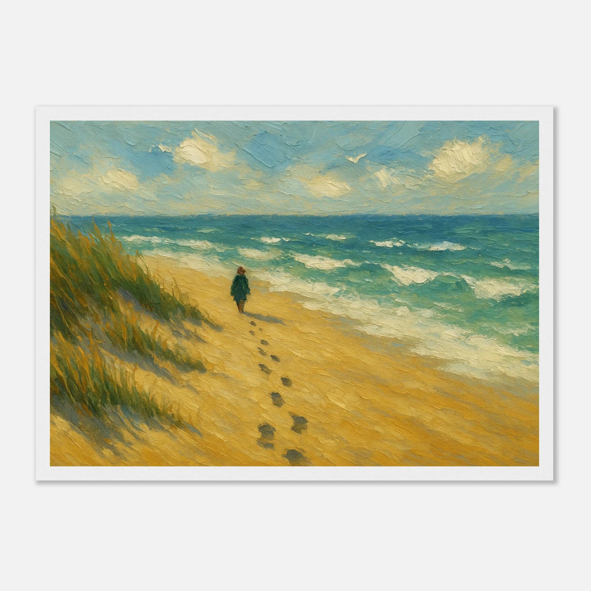 White frame A3 (29.7 x 42 cm) - “Coastal Solitude” | Peaceful Beach Walk - Play By Print