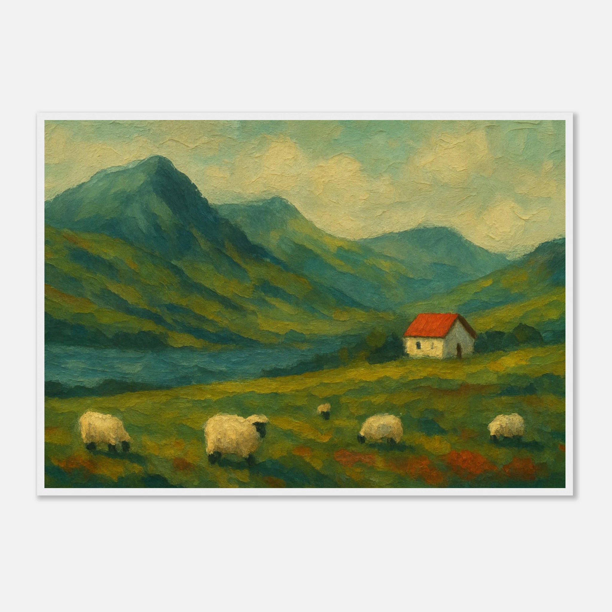 White frame A1 (59.4 x 84.1 cm) - Hillside Haze – Countryside Sheep & Cottage Wall Art Print - Play By Print