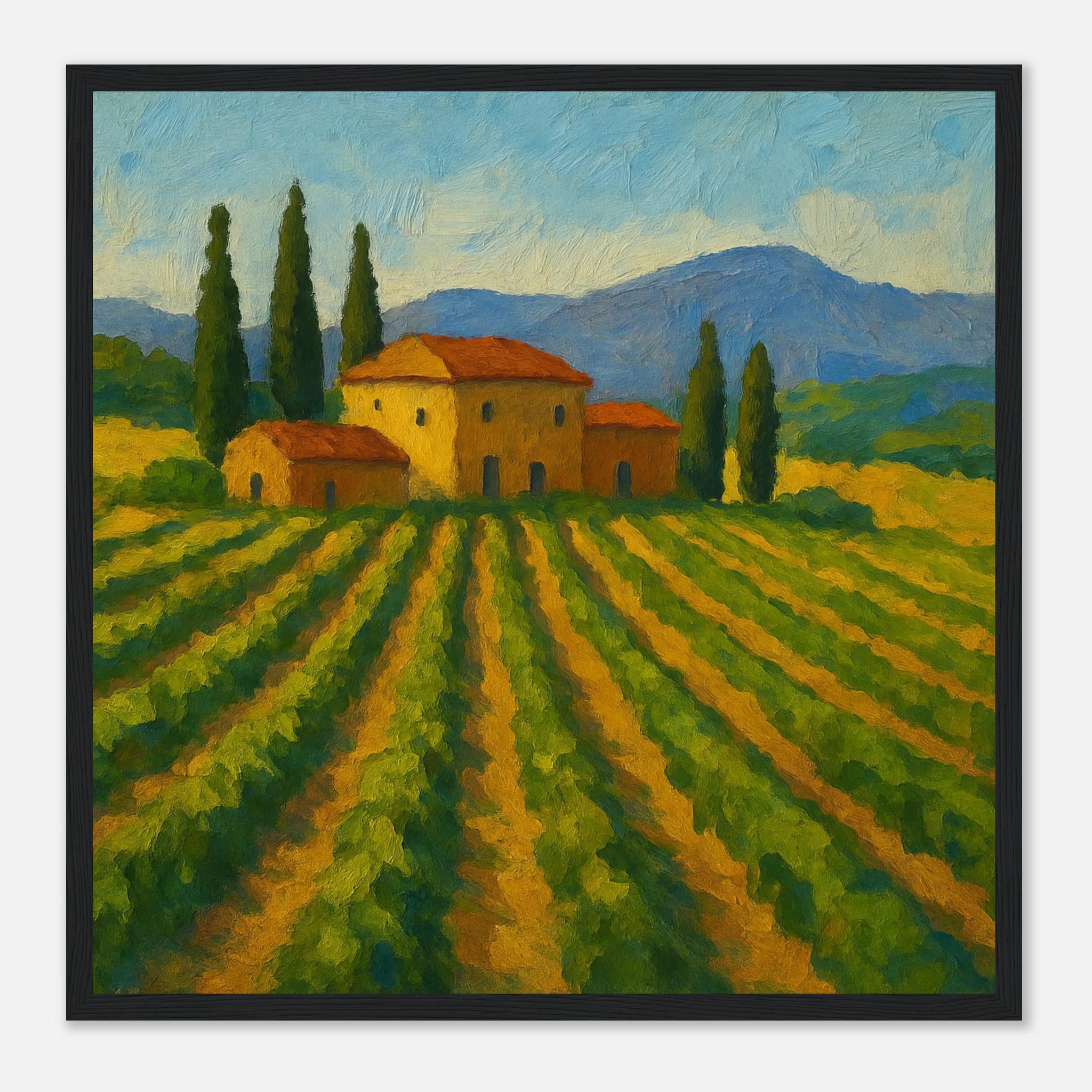 Black frame 40x40 cm 16x16″ - “Golden Rows” | Tuscany Vineyard Landscape Print - Play By Print