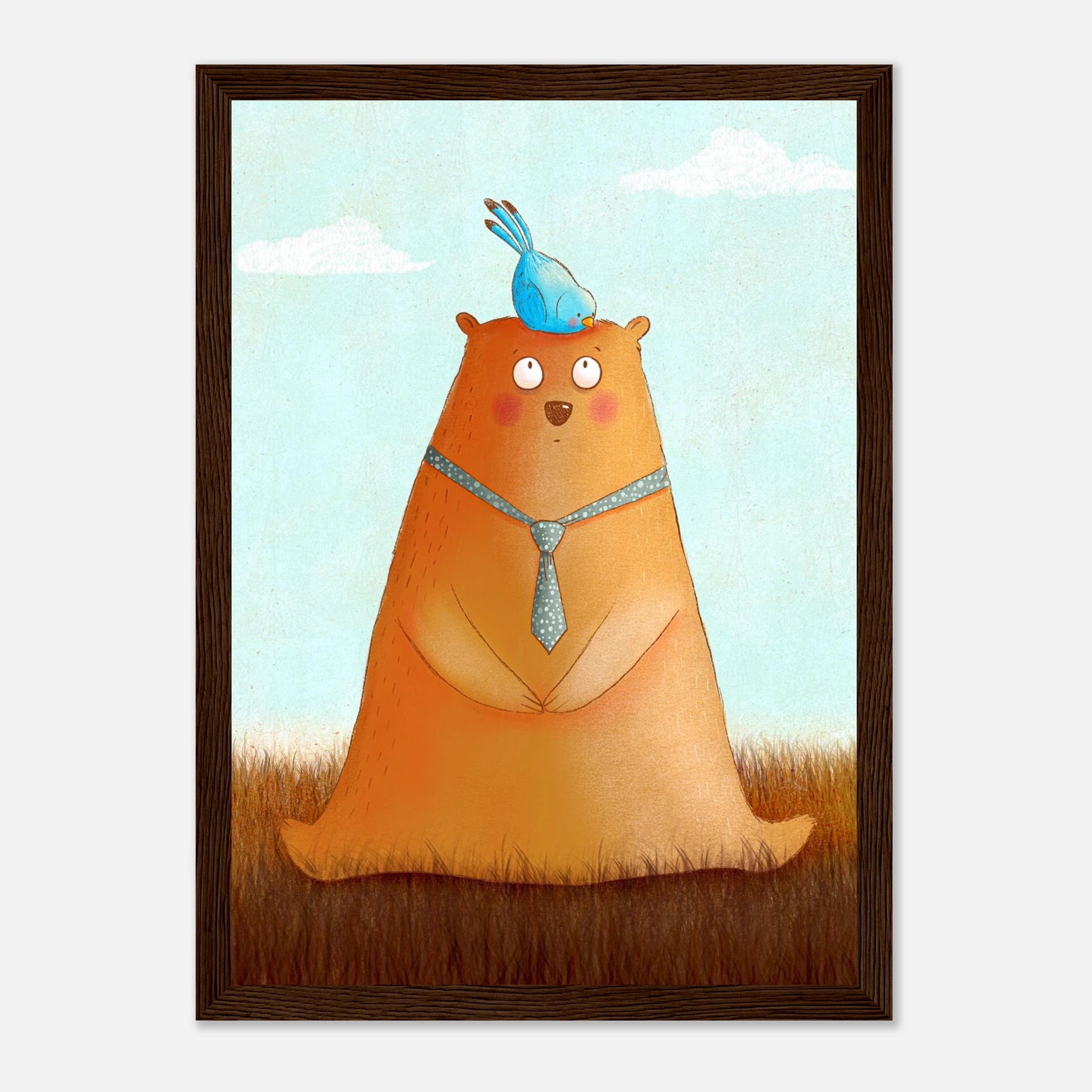 Dark wood frame A4 (21x29.7 cm 8x12") - Bear and Bird Nursery Print | Whimsical Animal Wall Art for Kids’ Rooms - Iris
