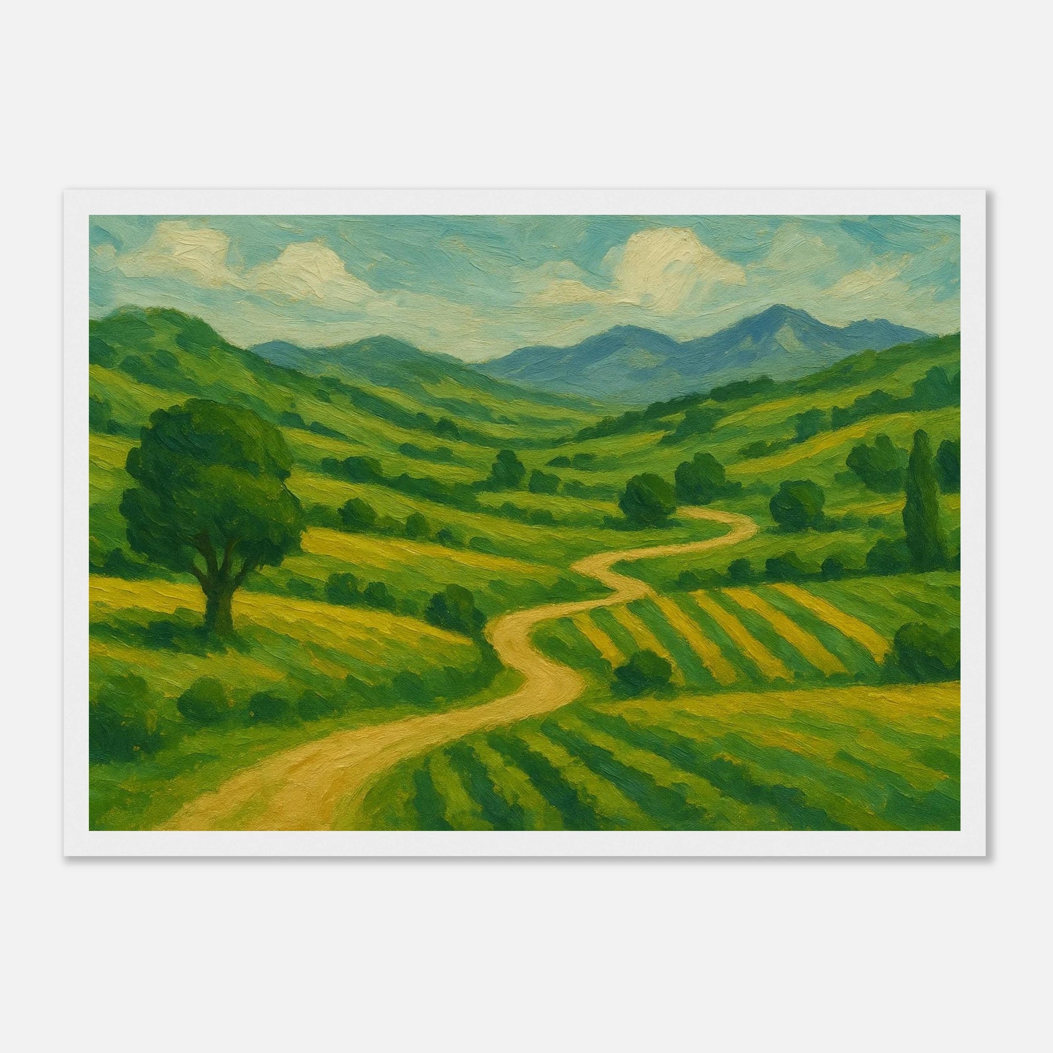 White frame A3 (29.7 x 42 cm) - “Winding Through Green” | Rolling Hills Countryside Print - Play By Print