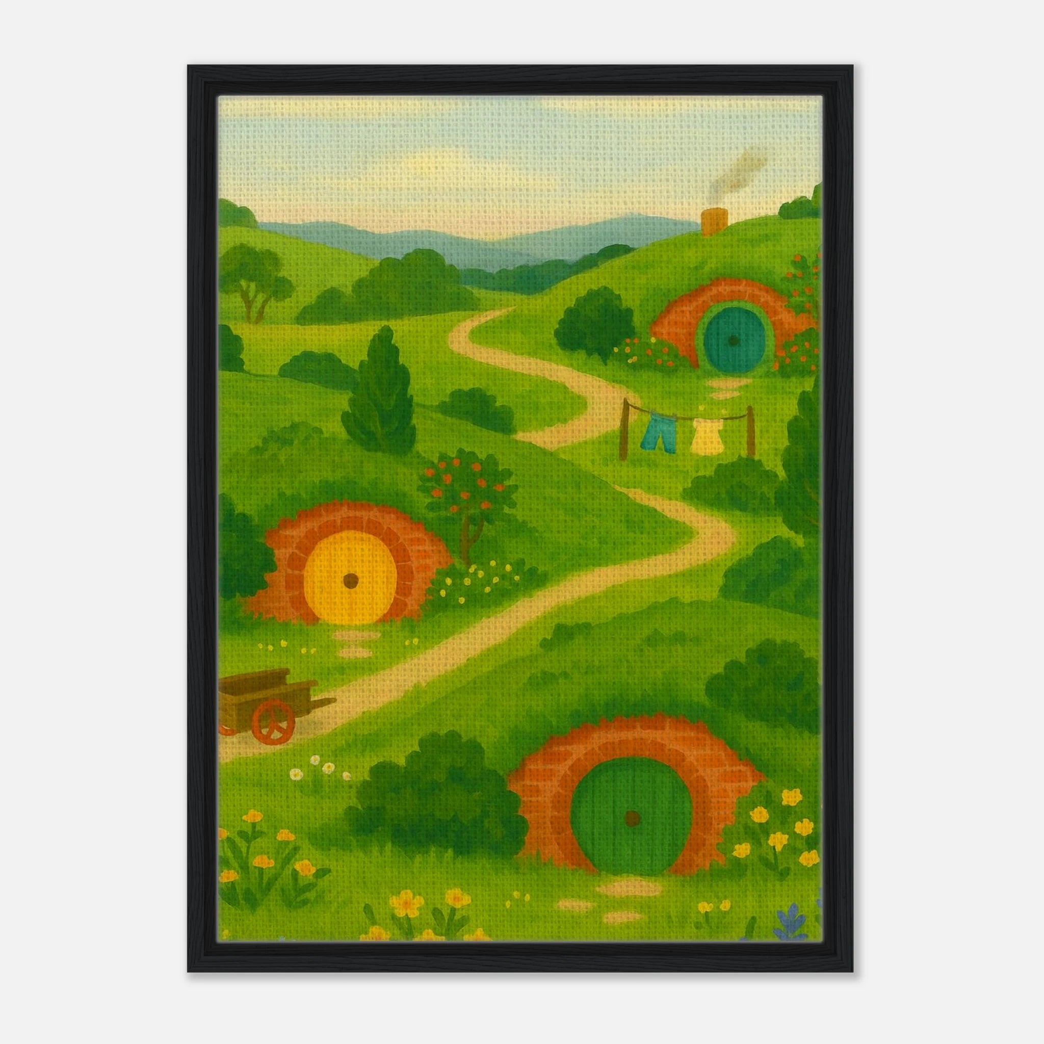 Black frame 50x70 cm 20x28″ - Hillside Hobbiton – New Zealand Hobbit Movie Set Canvas Wall Art - Play By Print