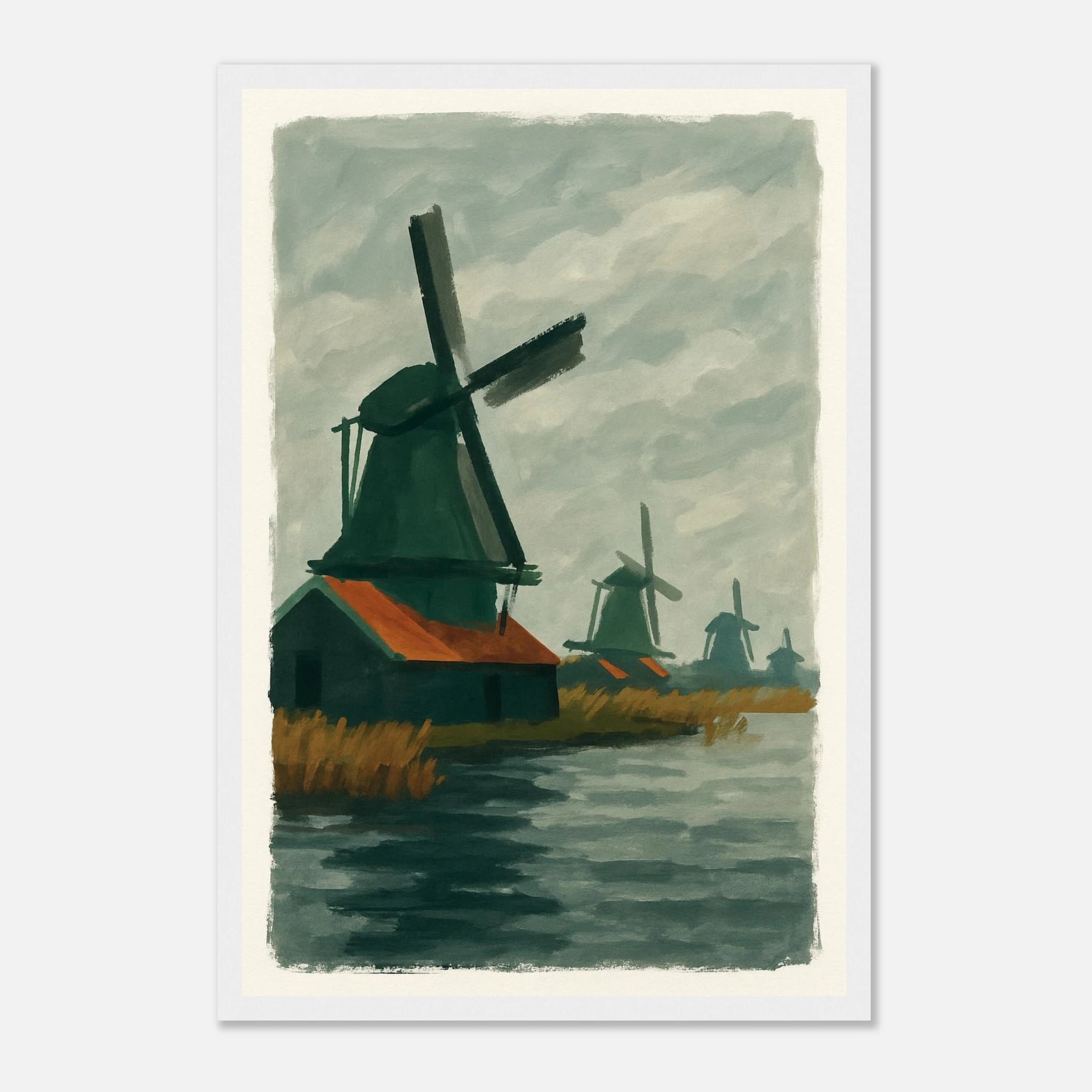 White frame 30x45 cm 12x18″ - Dutch Windmills at Zaandam – Gouache-Style Art Print - Play By Print