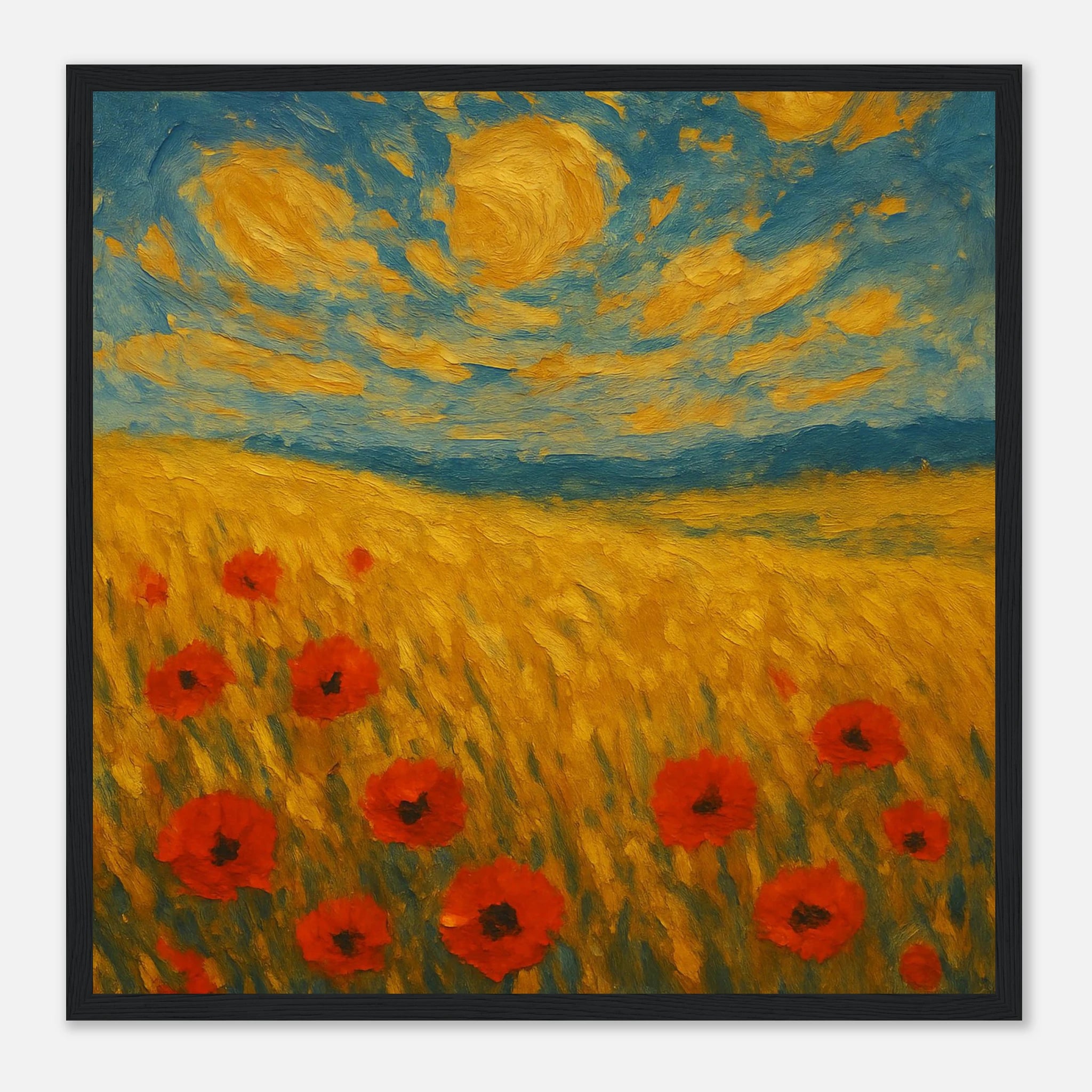 Black frame 40x40 cm 16x16″ - “Sun-Spun Fields” | Golden Wheat & Poppy Field Art Print - Play By Print