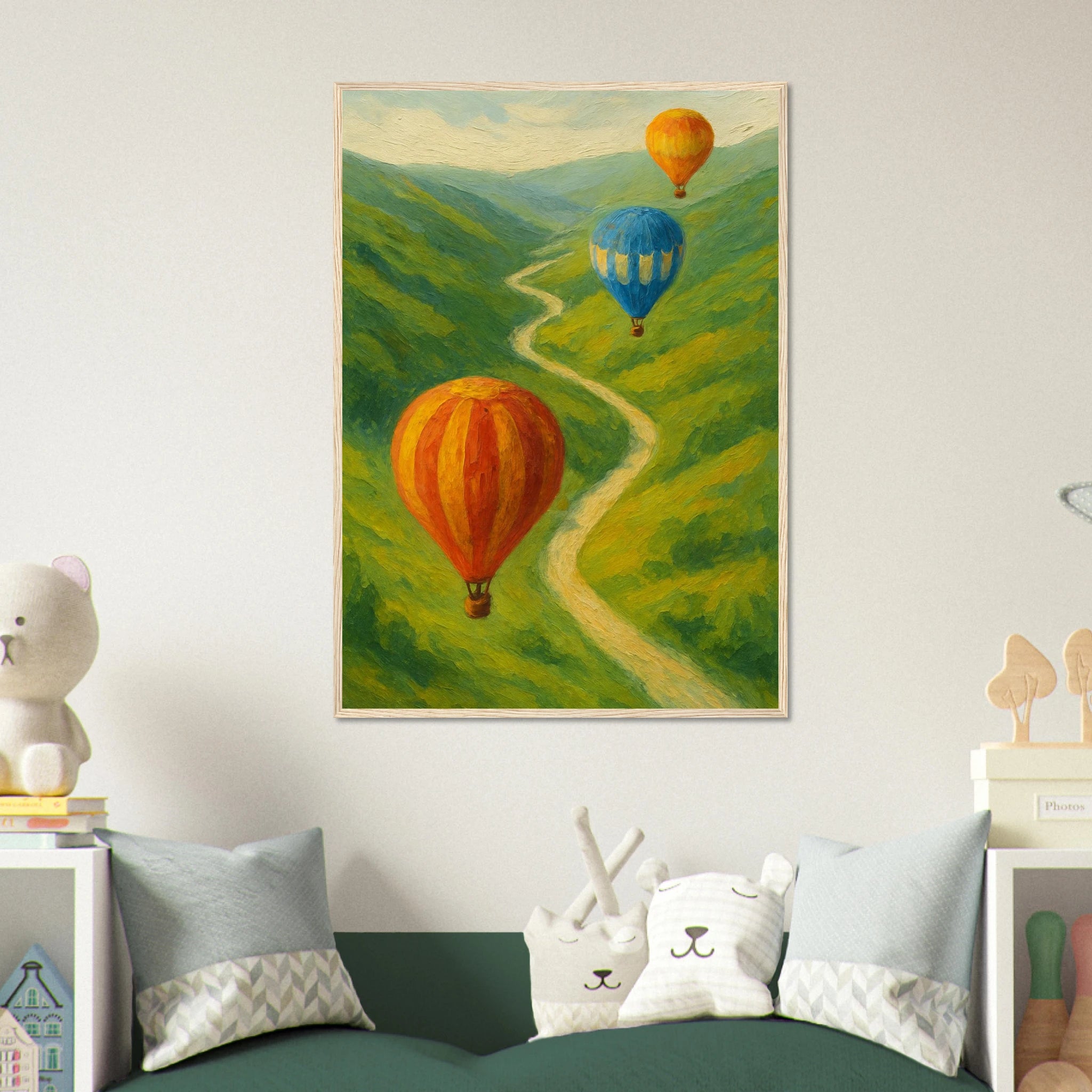 # all-groups - Up & Away – Hot Air Balloons Over Green Hills Wall Art Print - Play By Print