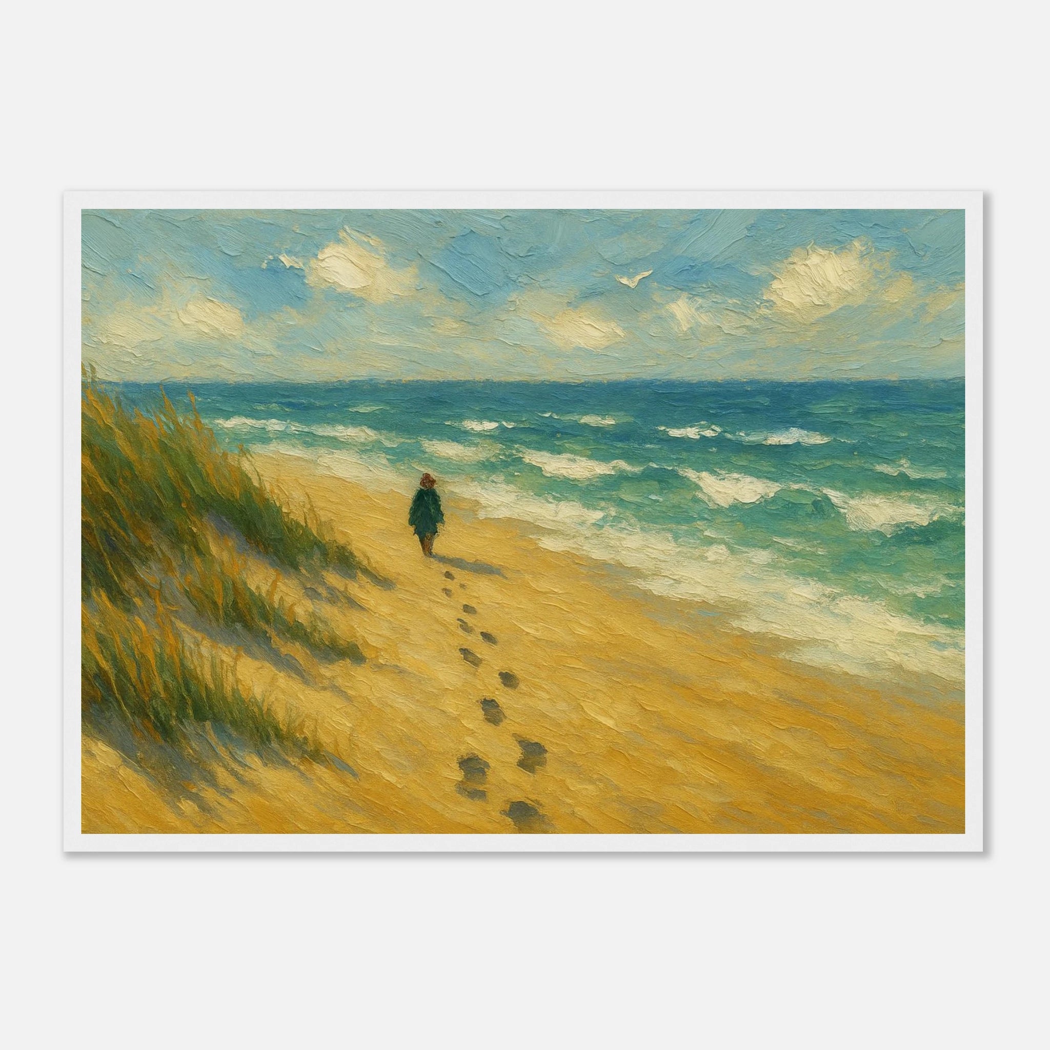 White frame A2 (42 x 59.4 cm) - “Coastal Solitude” | Peaceful Beach Walk - Play By Print