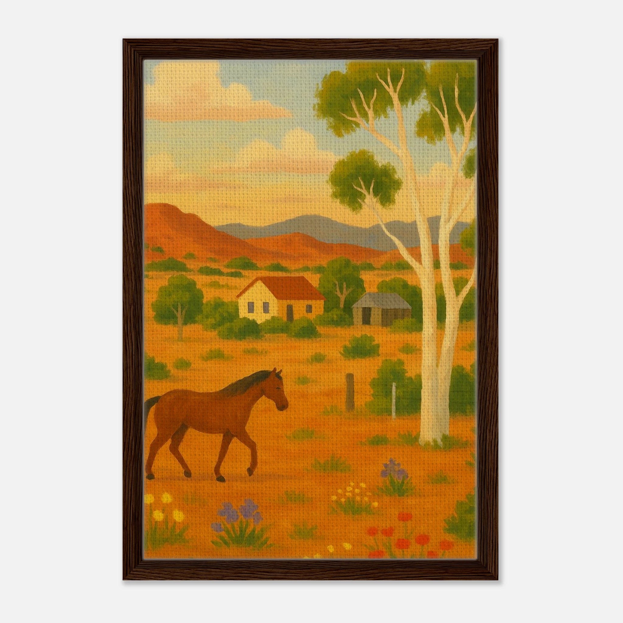 Dark wood frame 40x60 cm 16x24″ - Outback Horse & Gum Tree Canvas Wall Art - Play By Print
