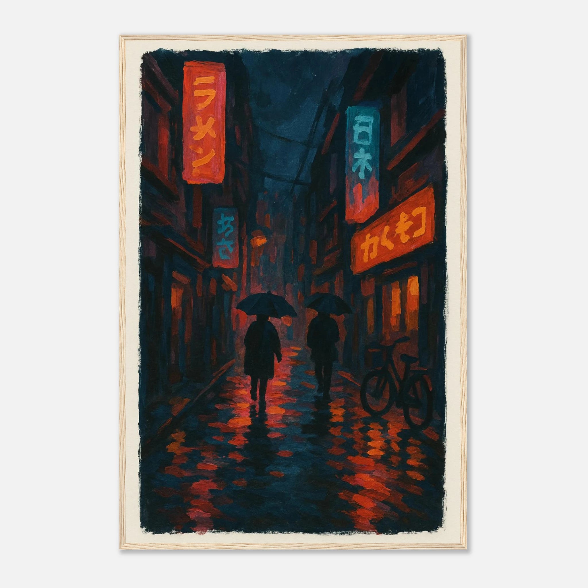 Wood frame 60x90 cm 24x36″ - City Shadows – Rainy Night in Tokyo Neon Alley Print - Play By Print