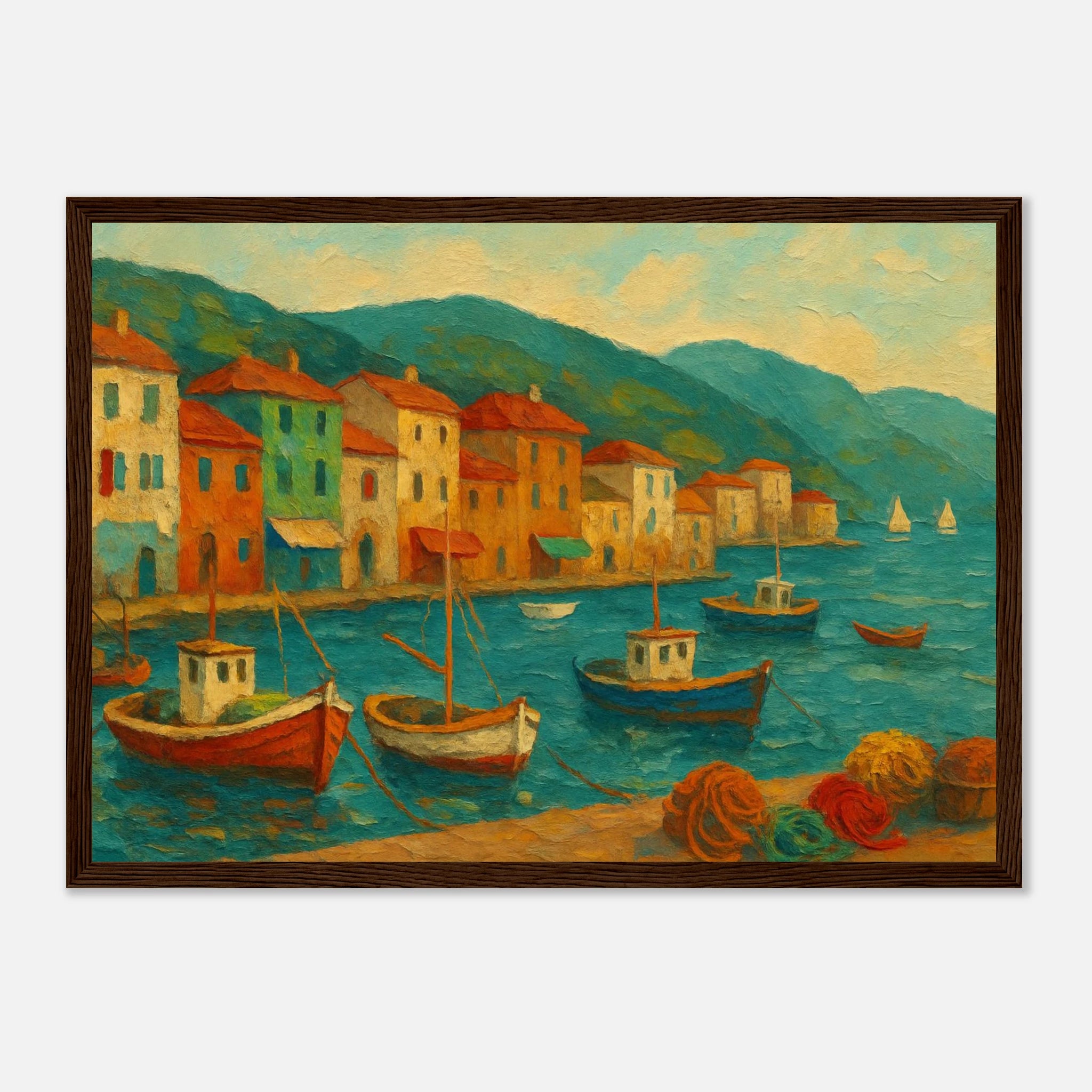 Dark wood frame A3 (29.7 x 42 cm) - Harbour Harmony – Mediterranean Village Wall Art Print - Play By Print