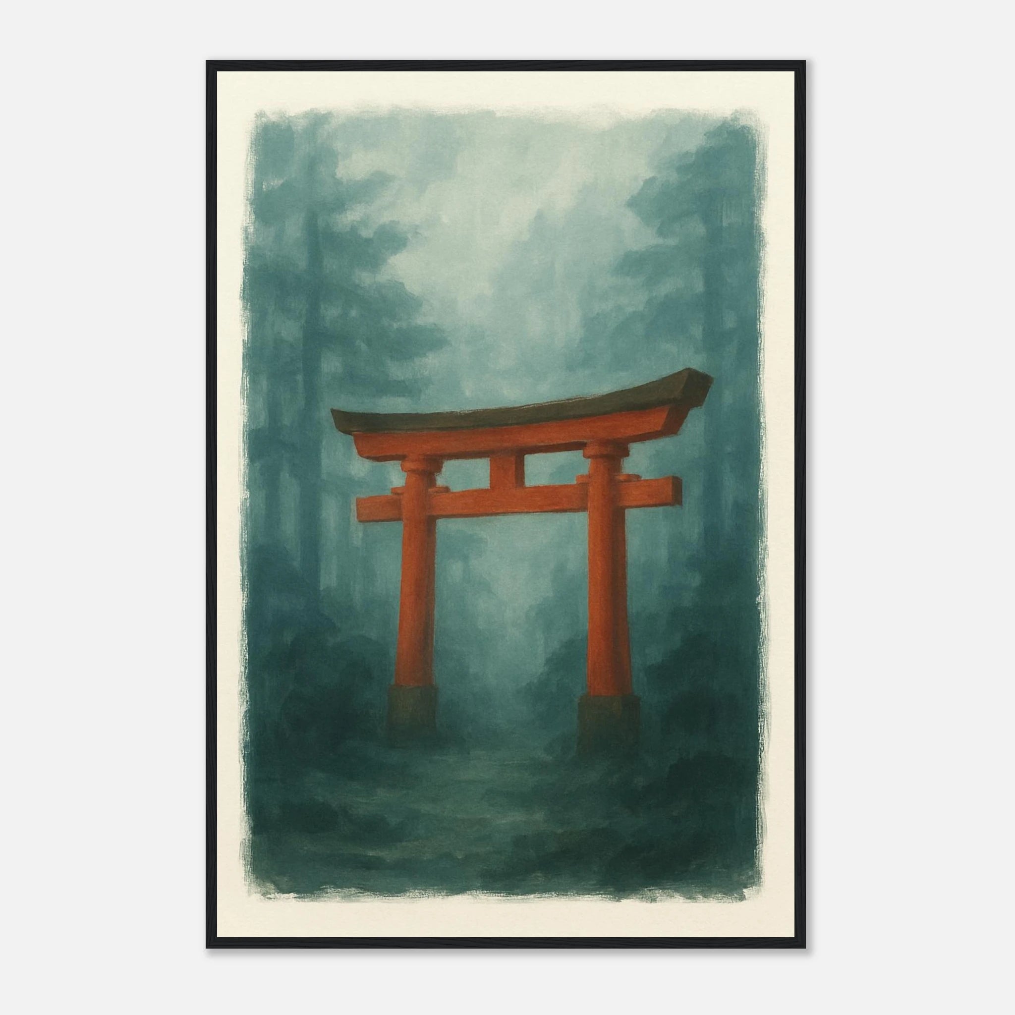 Black frame 60x90 cm 24x36″ - Torii Gate in Mist – Gouache Japanese Landscape Art Print - Play By Print