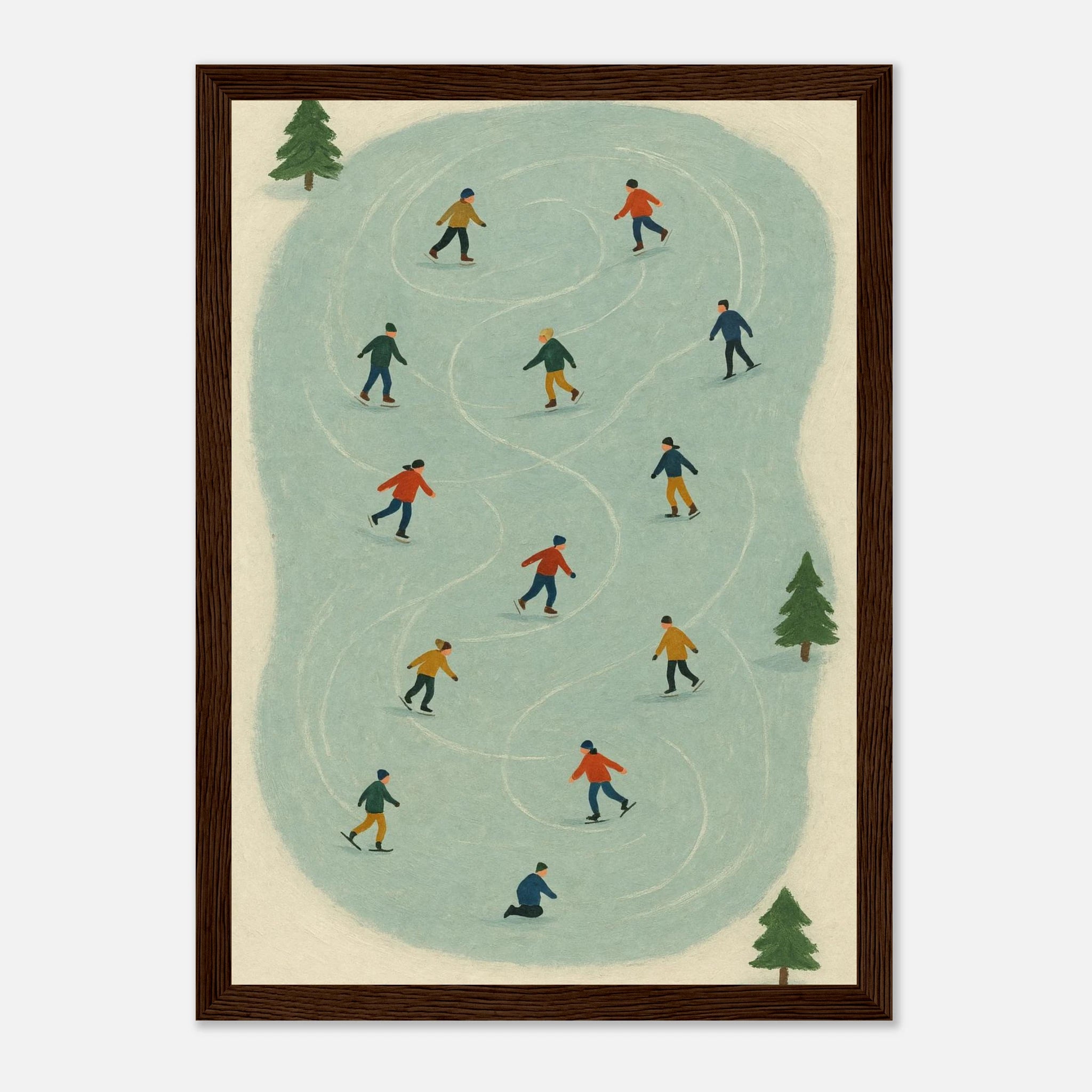 Dark wood frame 21x29.7 cm 8x12" - Winter Ice Skating Print | Whimsical Folk Art Style - Play By Print